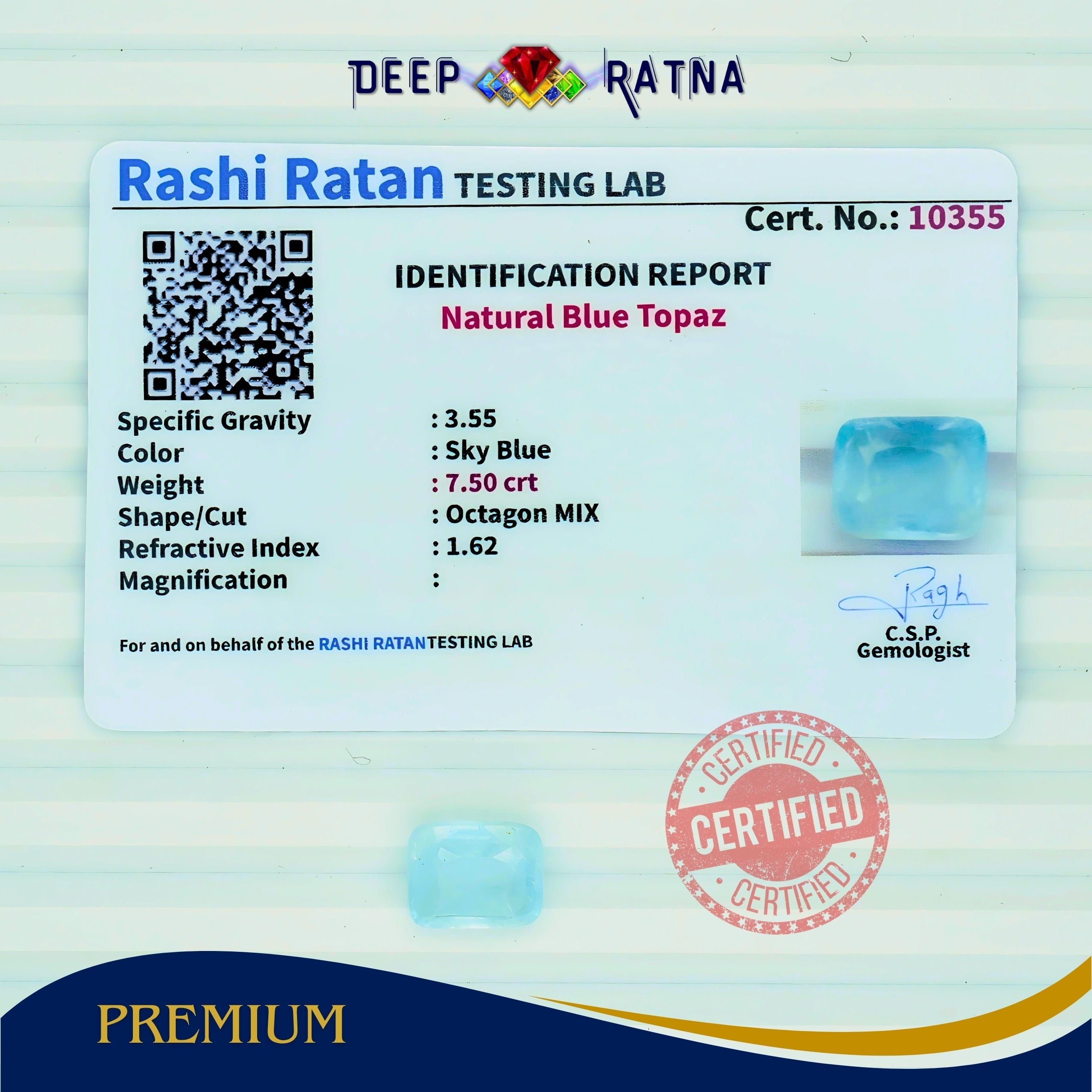 Blue Topaz 7.50 Carat (8.25 Ratti) Exclusive
