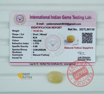 Yellow Sapphire 10.5 Carat (11.5 Ratti) Burma Premium