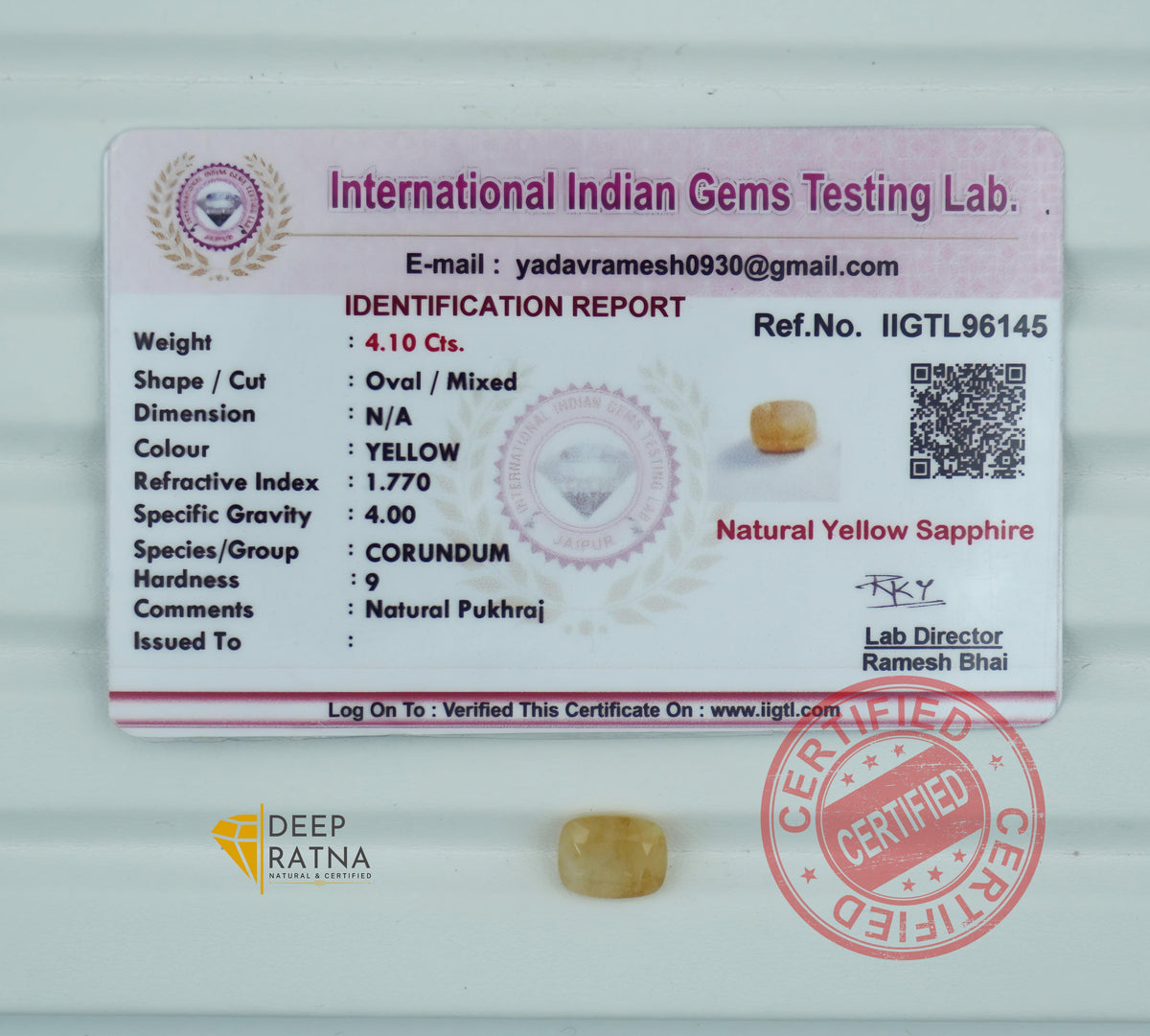 Yellow Sapphire 4.10 Carat (4.51 Ratti) Burma Premium