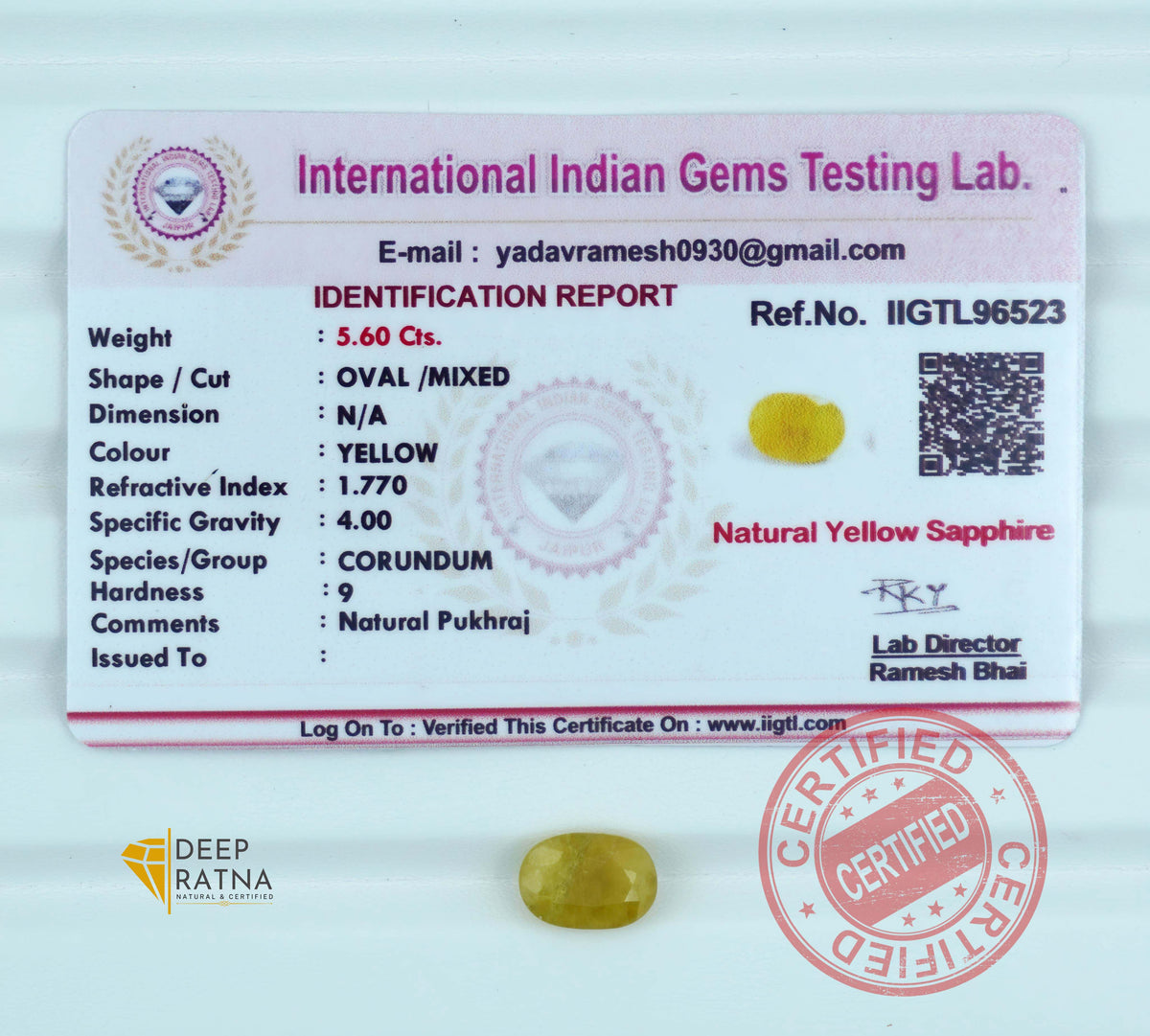 Yellow Sapphire 5.60 Carat (6.16 Ratti) Thailand Exclusive