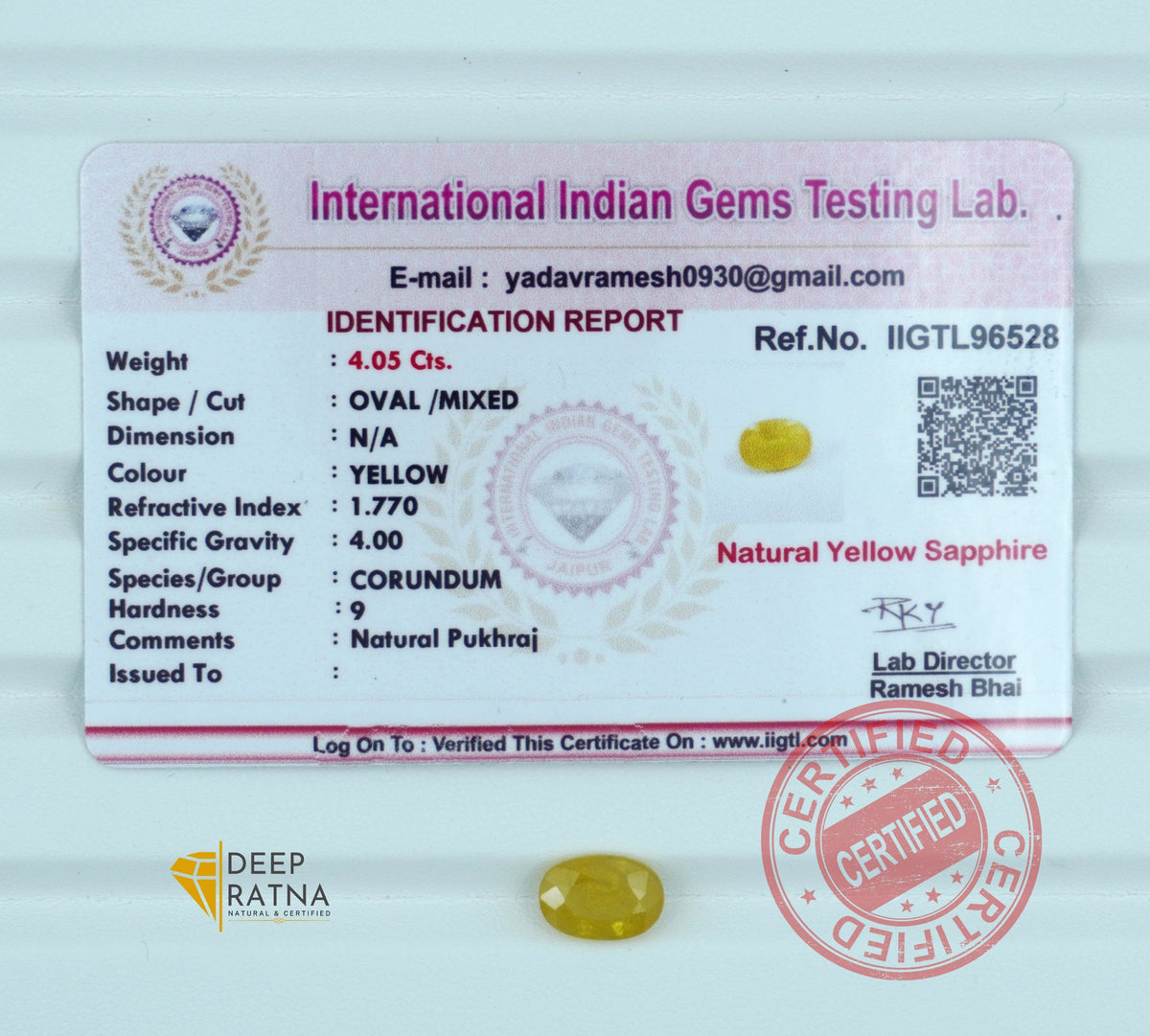 Yellow Sapphire 4.05 Carat (4.45 Ratti) Thailand Supreme