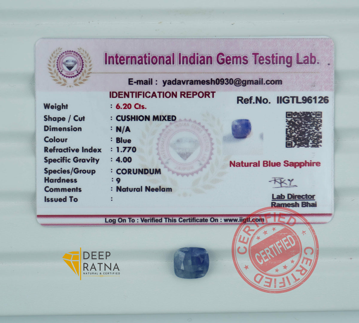Blue Sapphire 6.20 Carat (6.82 Ratti) Burma Premium