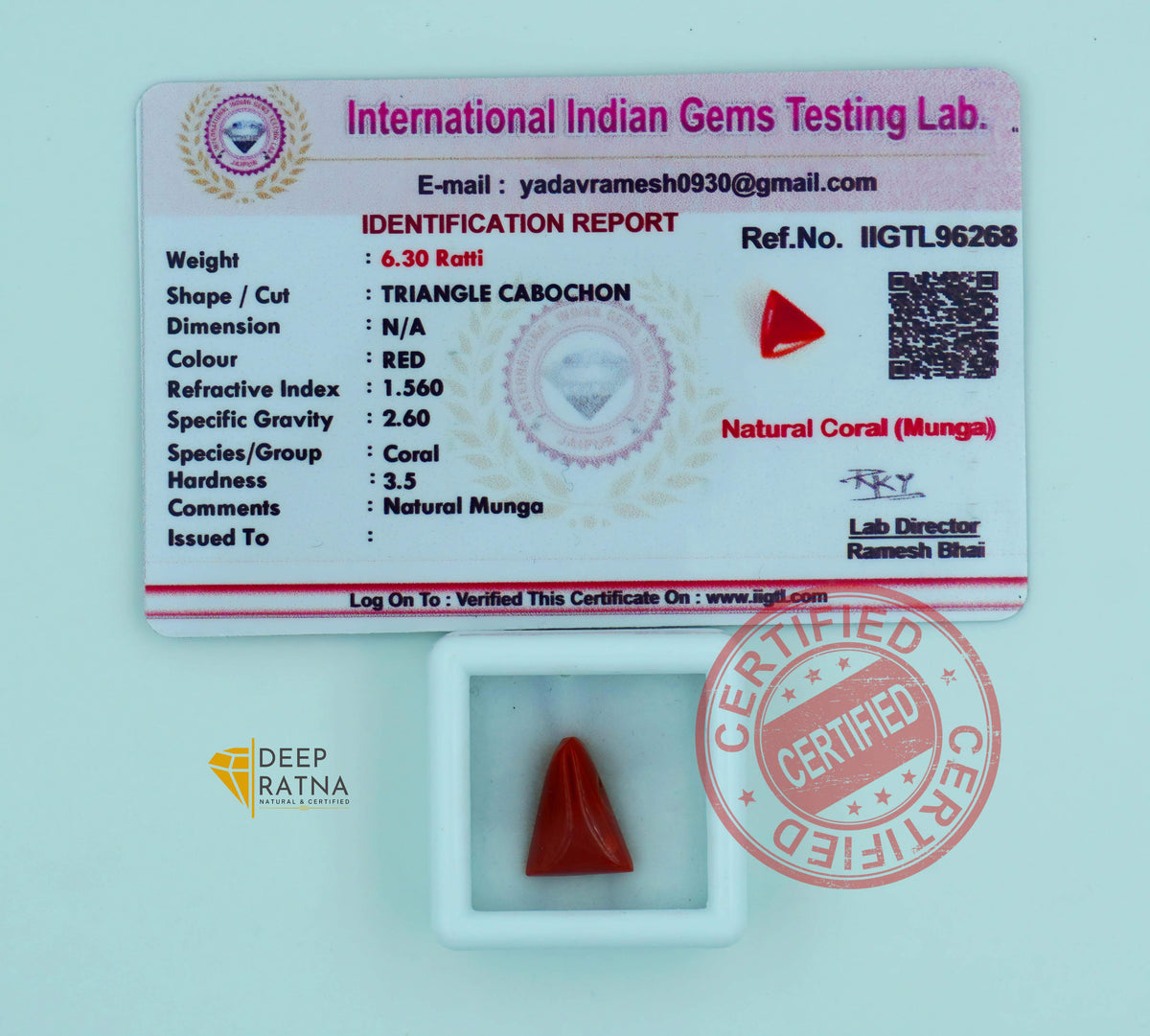 Red Coral 5.75 Carat (6.30 Ratti) Certified B