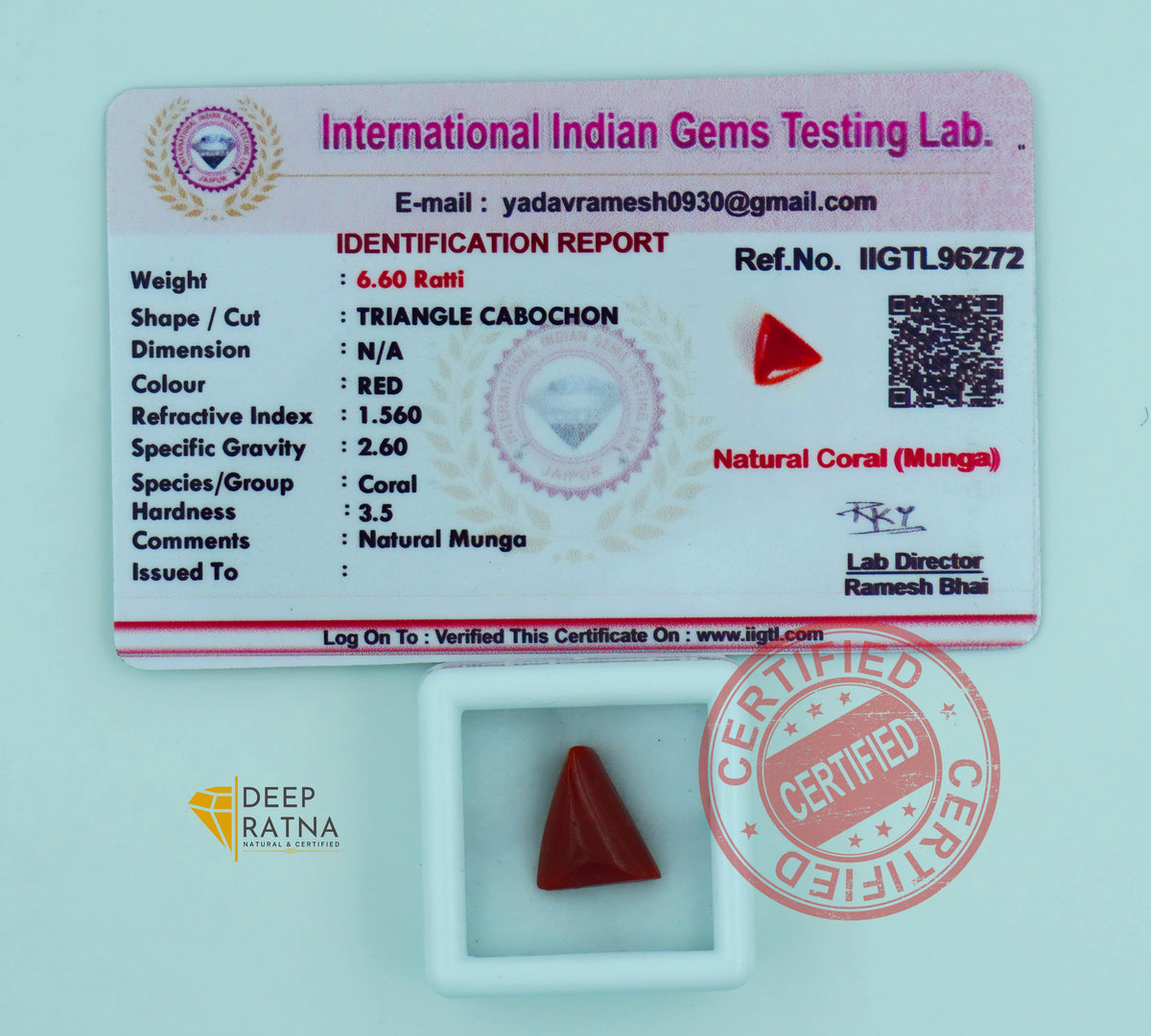Red Coral 6 Carat (6.60 Ratti) Certified