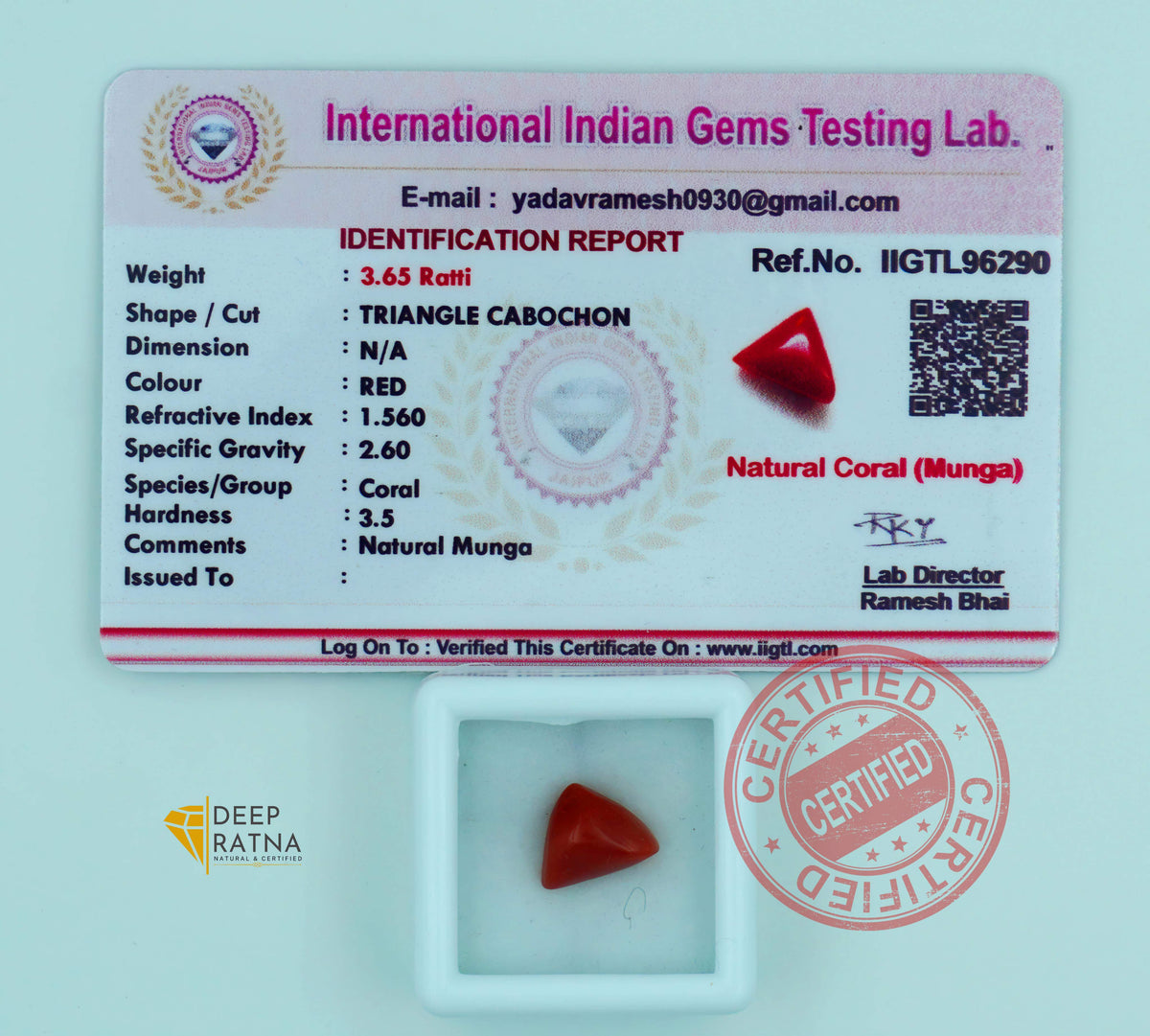 Red Coral 3.30 Carat (3.65 Ratti) Certified