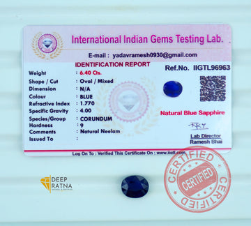 Blue Sapphire 6.40 Carat (7.04 Ratti) Thailand Premium