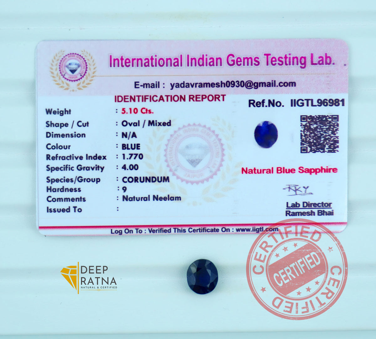 Blue Sapphire 5.10 Carat (5.61 Ratti) Thailand Premium