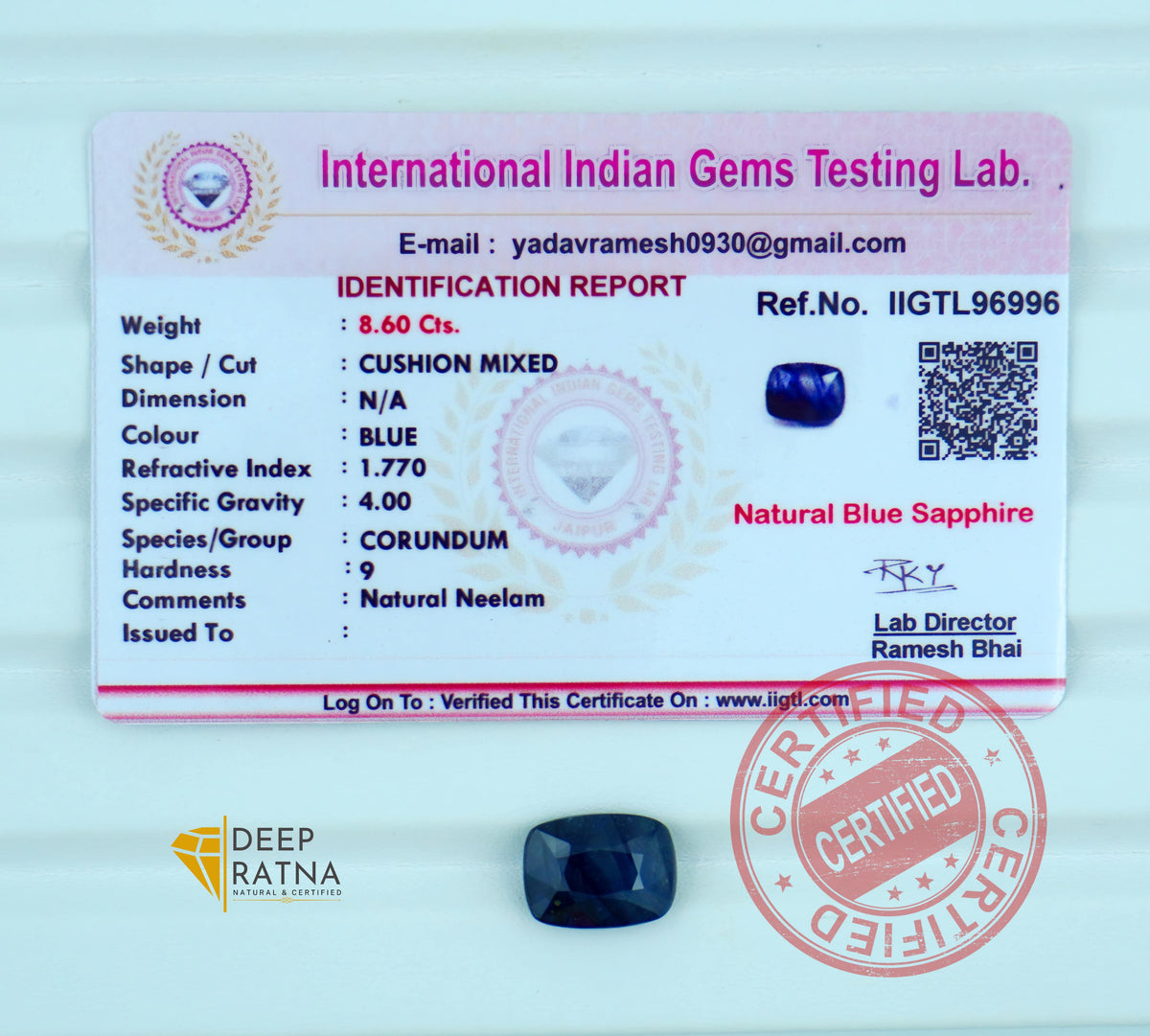 Blue Sapphire 8.60 Carat (9.46 Ratti) Thailand Premium