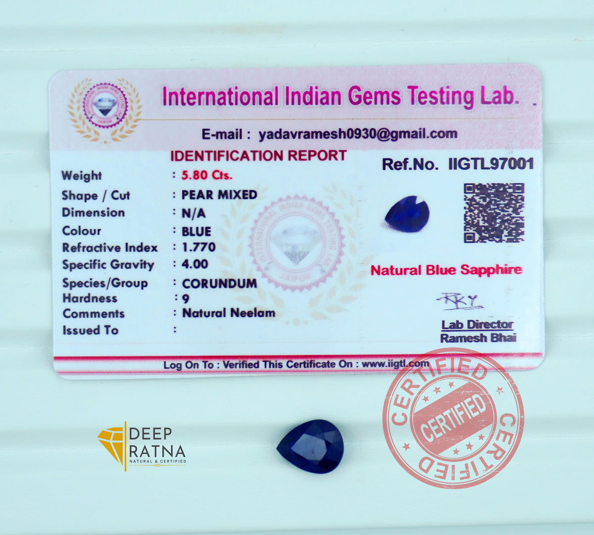 Blue Sapphire 5.80 Carat (6.38 Ratti) Thailand Premium