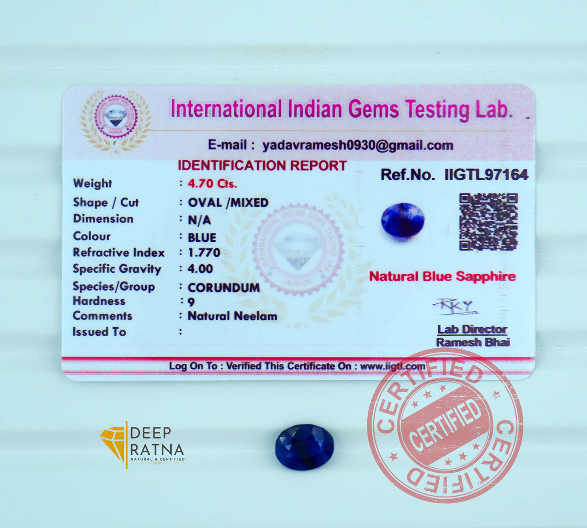 Blue Sapphire 4.70 Carat (5.17 Ratti) Thailand Exclusive
