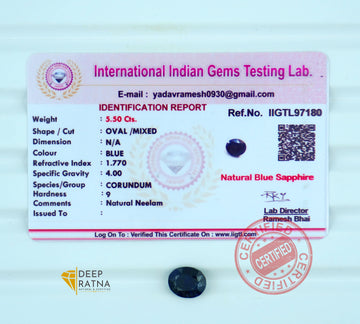 Blue Sapphire 5.50 Carat (6.05 Ratti) Thailand Prime