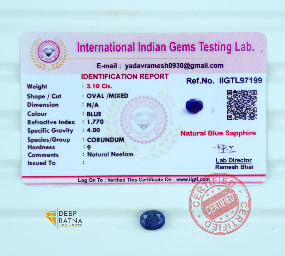 Blue Sapphire 3.10 Carat (3.41 Ratti) Thailand Premium