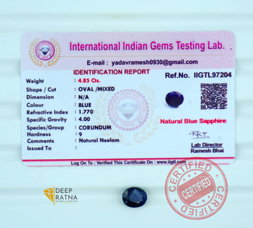 Blue Sapphire 4.85 Carat (5.33 Ratti) Thailand Prime