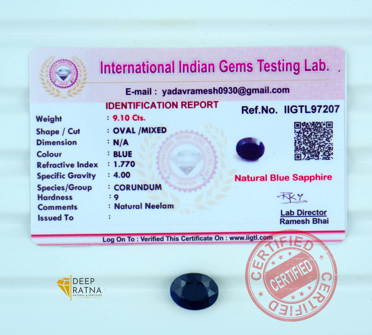 Blue Sapphire 9.10 Carat (10.01 Ratti) Thailand Prime