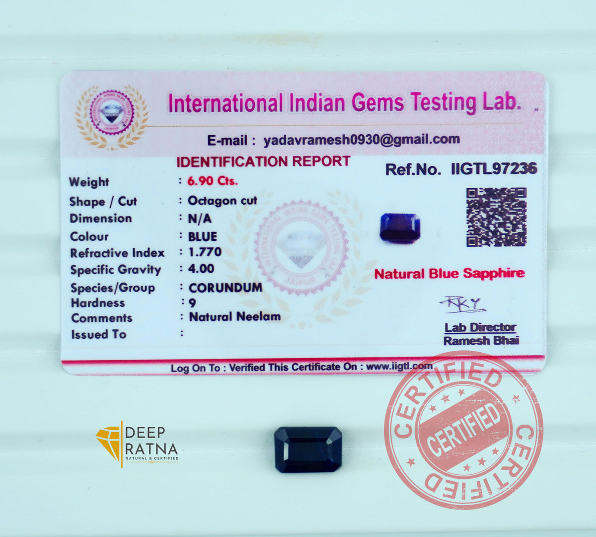 Blue Sapphire 6.90 Carat (7.59 Ratti) Thailand Prime