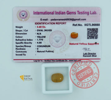 Yellow Sapphire 5.60 Carat (6.16 Ratti) Thailand Premium
