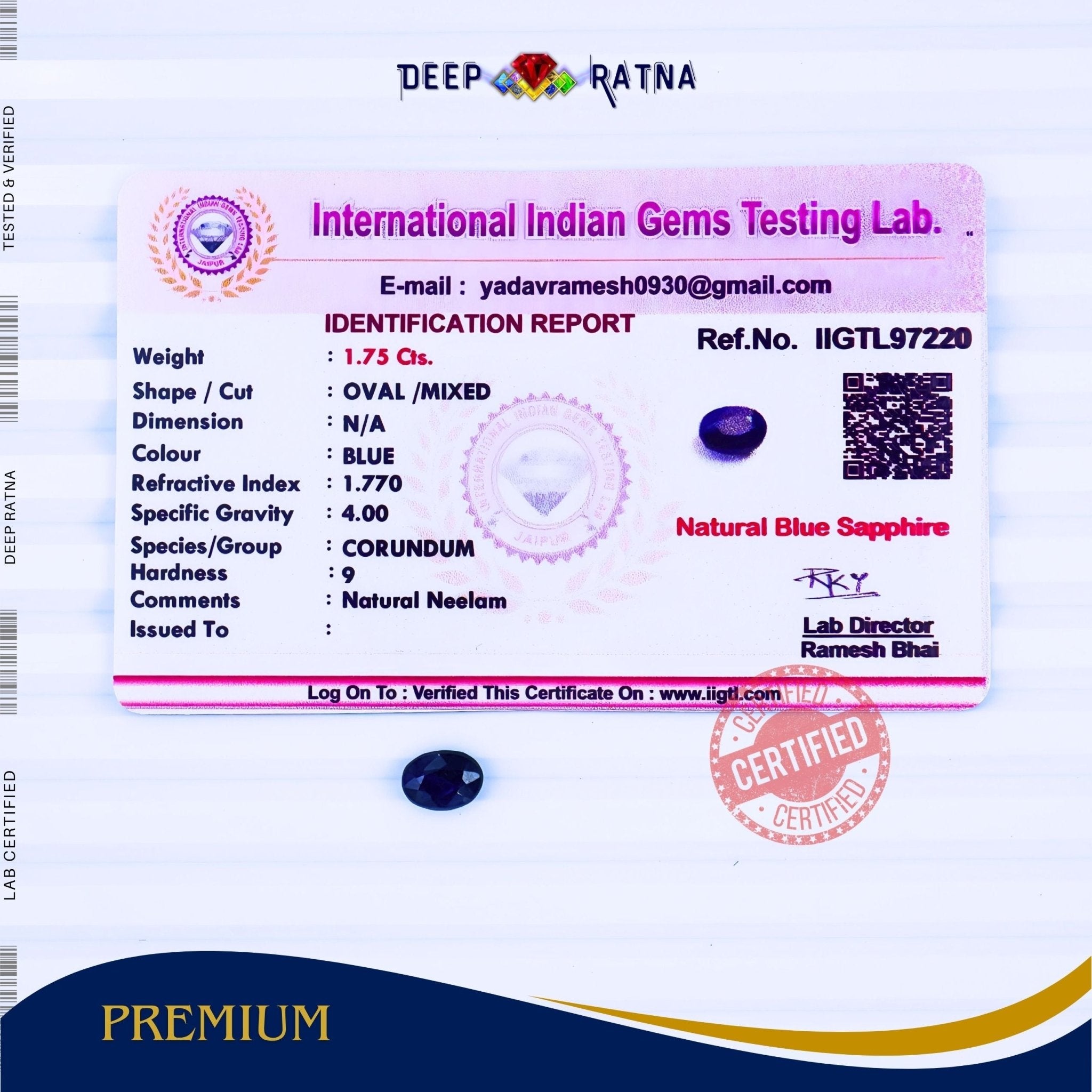 Blue Sapphire 1.75 Carat (Thailand) - Deep Ratna