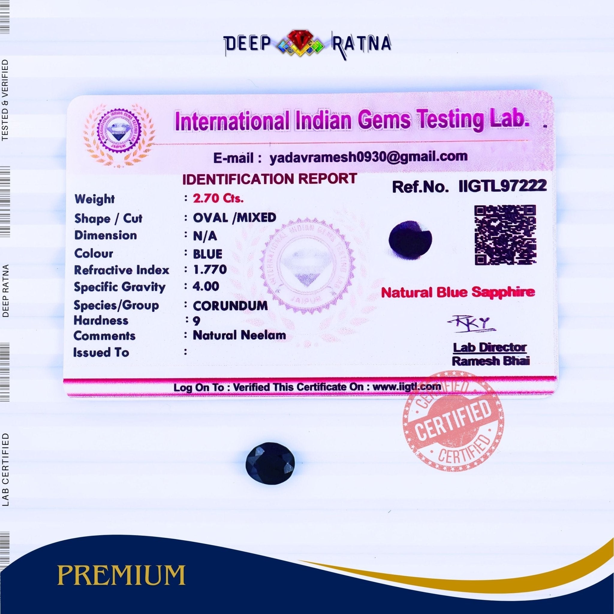 Blue Sapphire 2.70 Carat (Thailand) - Deep Ratna