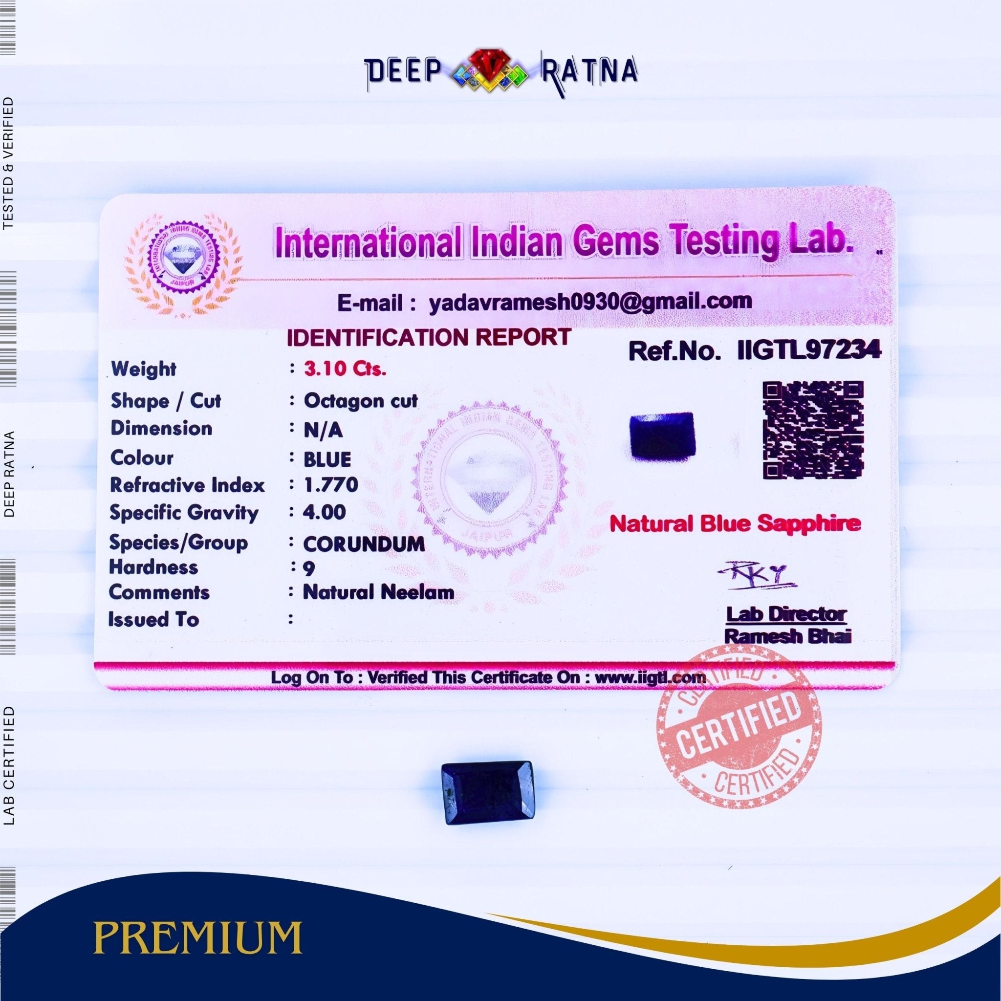 Blue Sapphire 3.10 Carat (Thailand) - Deep Ratna