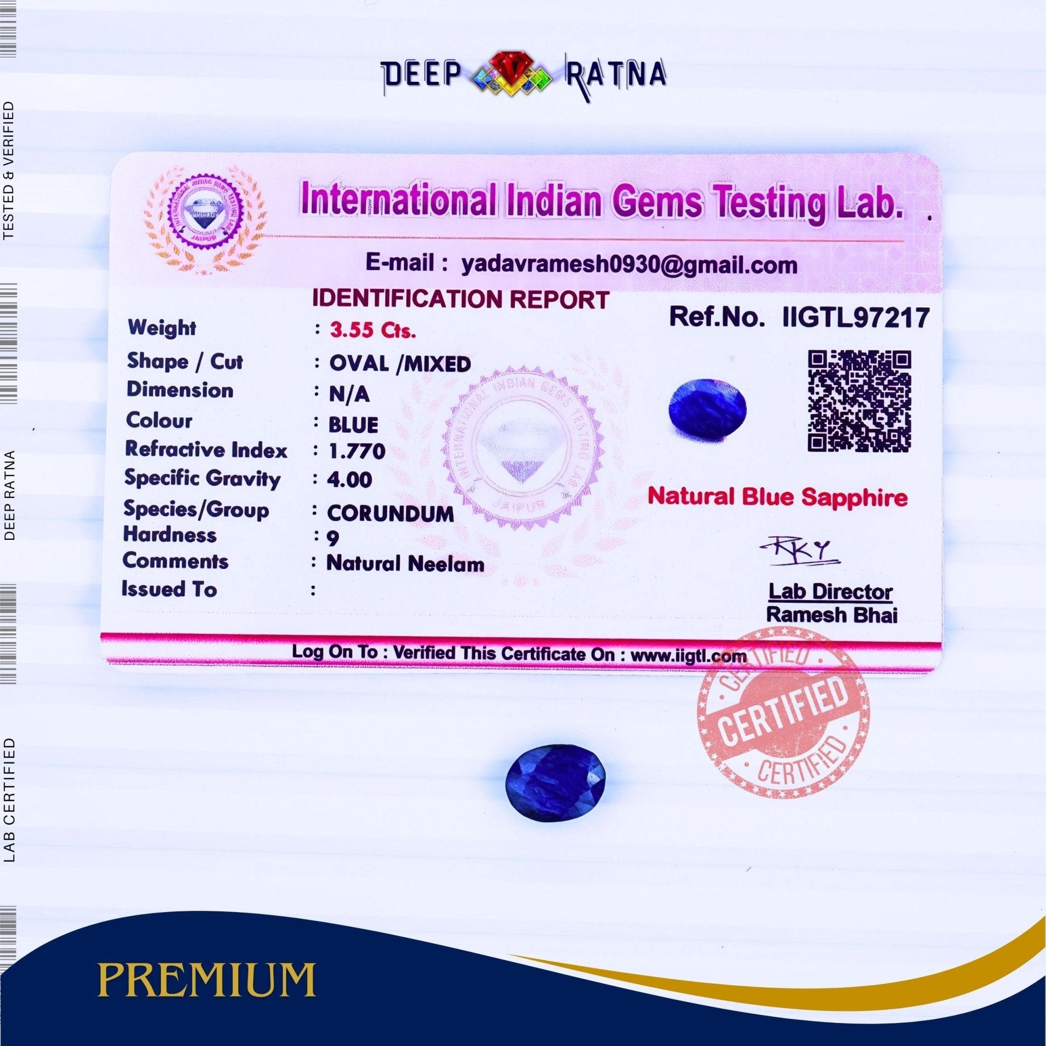 Blue Sapphire 3.55 Carat (Thailand) - Deep Ratna