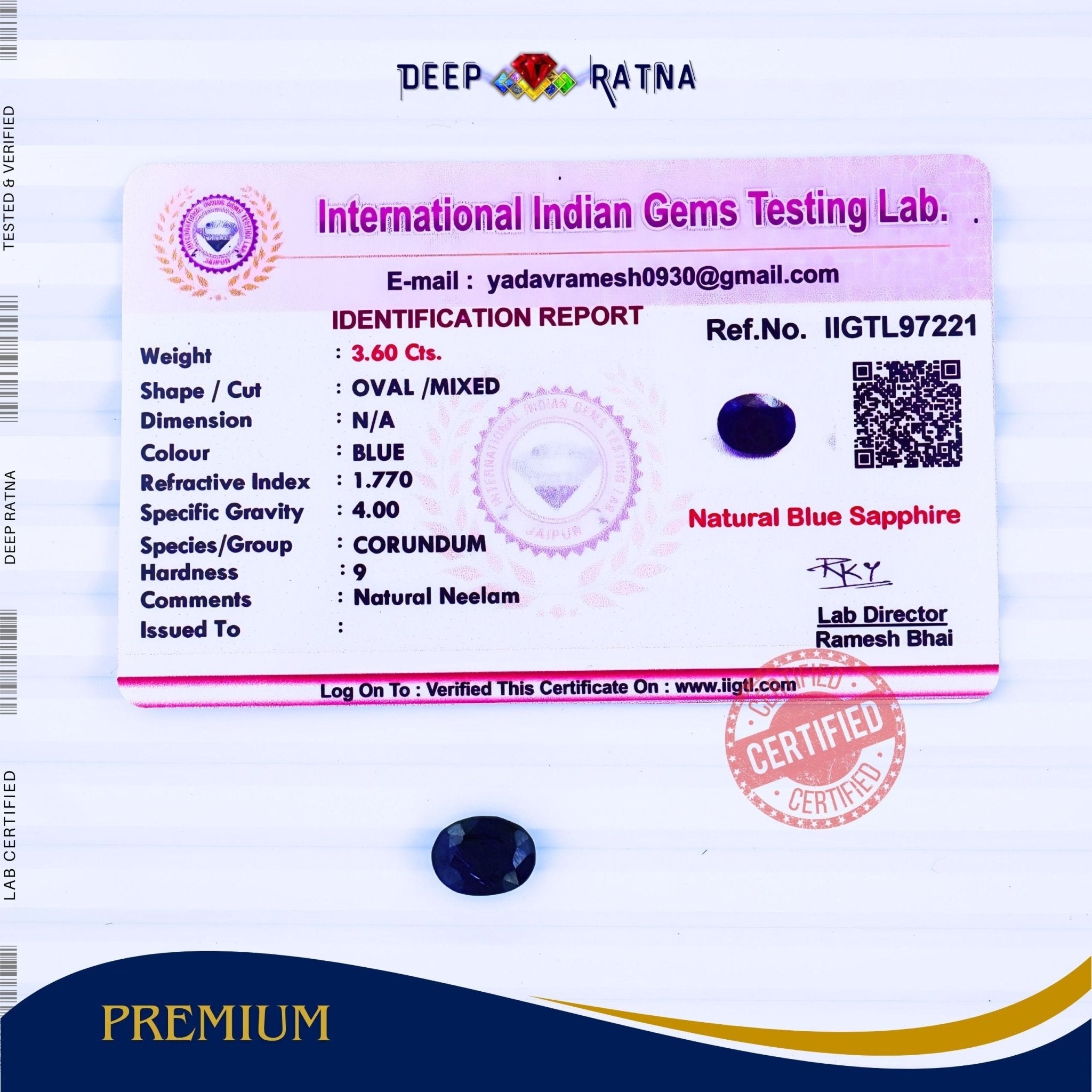 Blue Sapphire 3.60 Carat (Thailand) - Deep Ratna