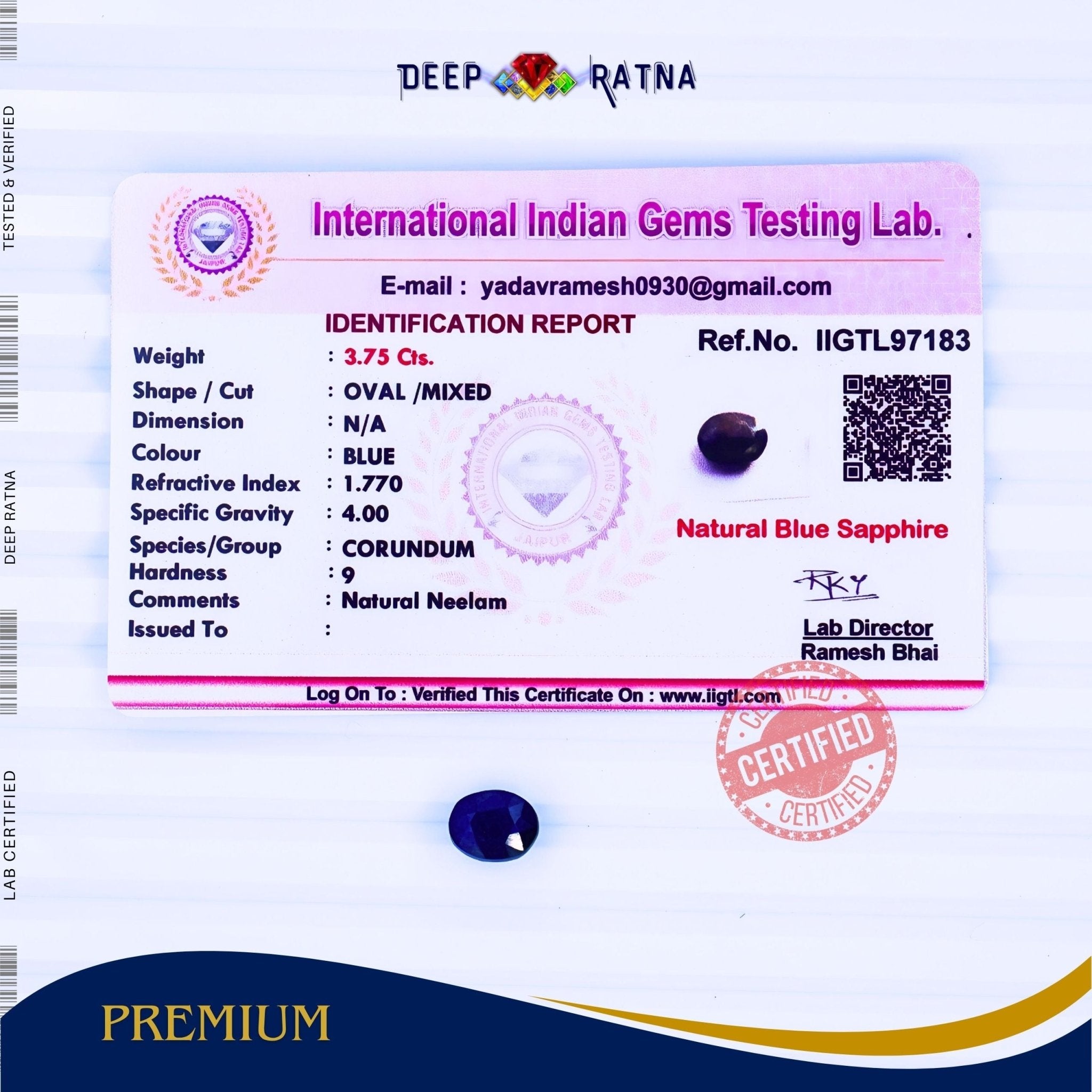 Blue Sapphire 3.75 Carat (Thailand) - Deep Ratna