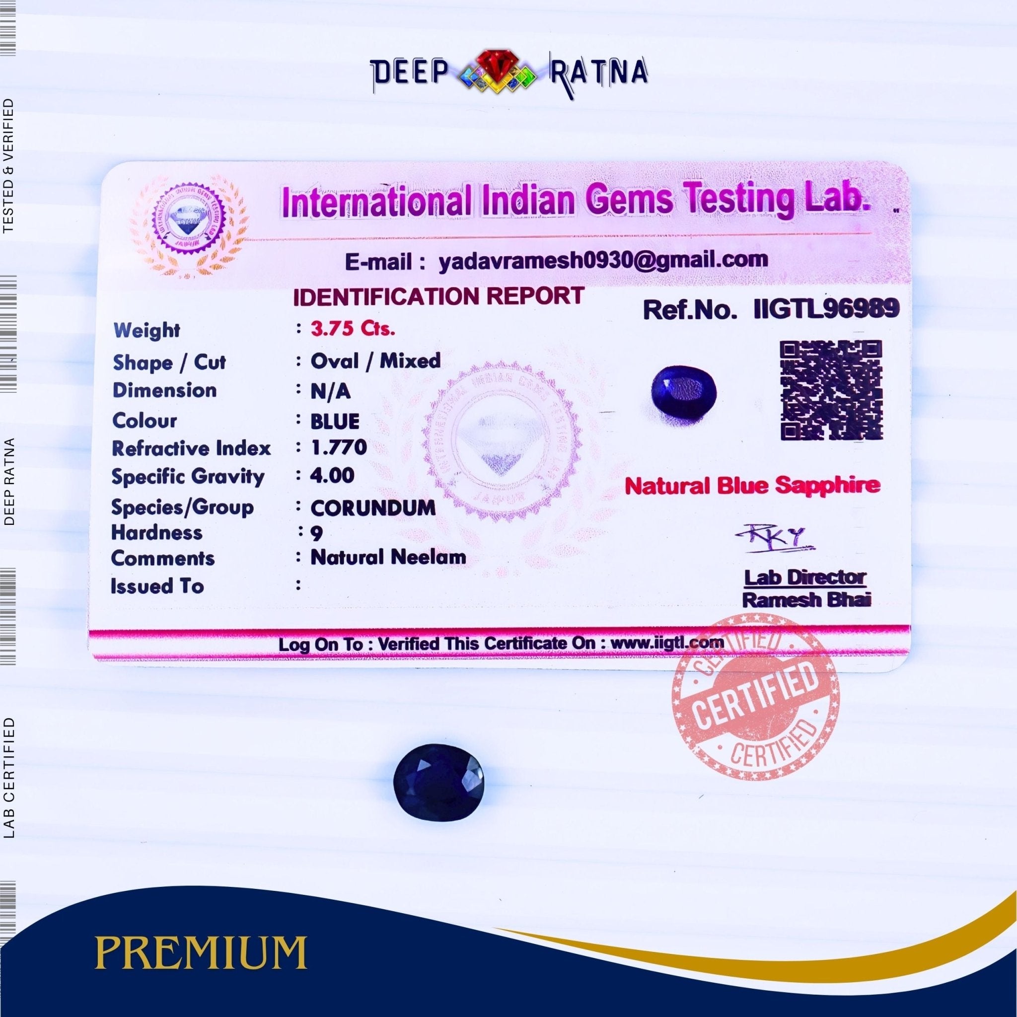 Blue Sapphire 3.75 Carat (Thailand) - Deep Ratna