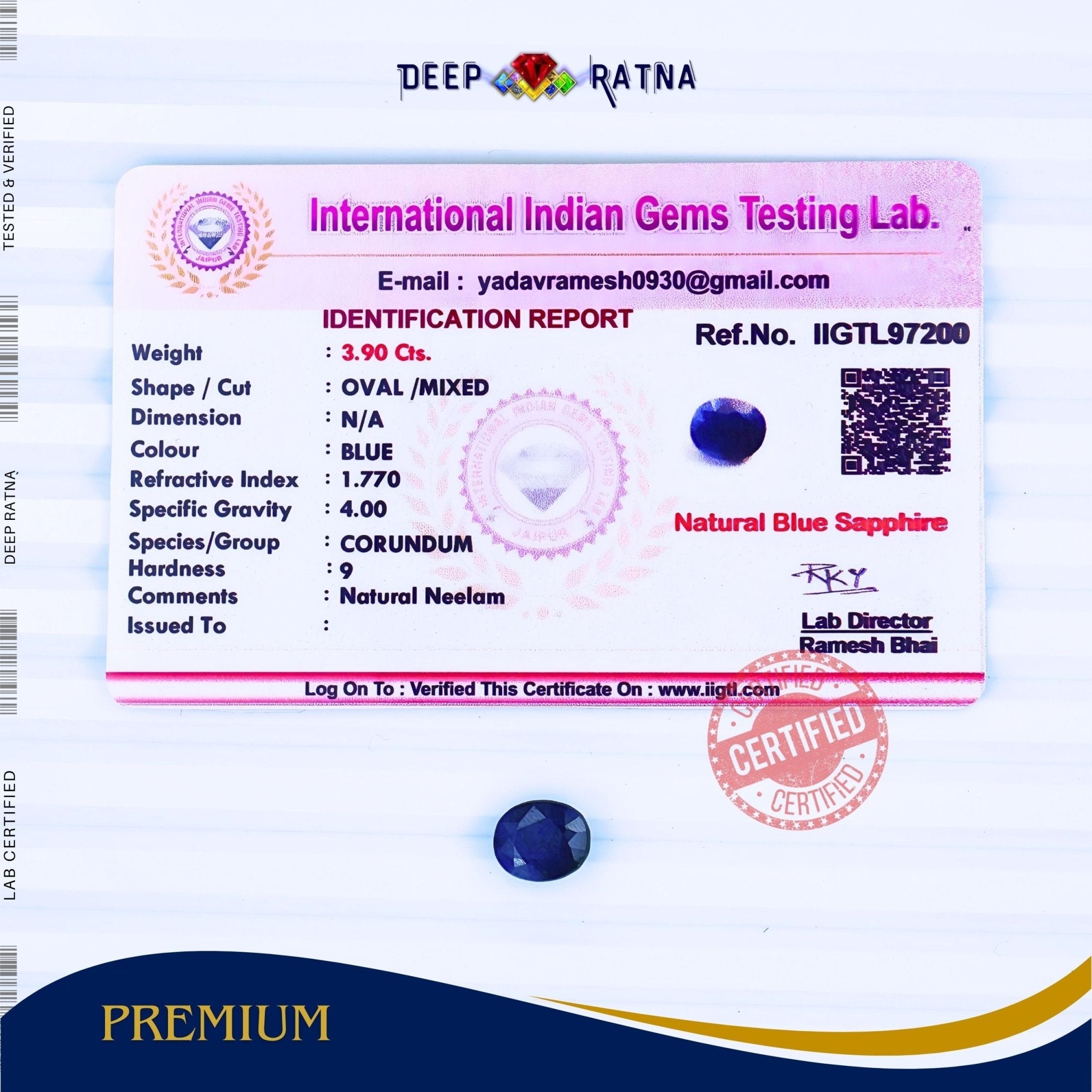Blue Sapphire 3.90 Carat (Thailand) - Deep Ratna