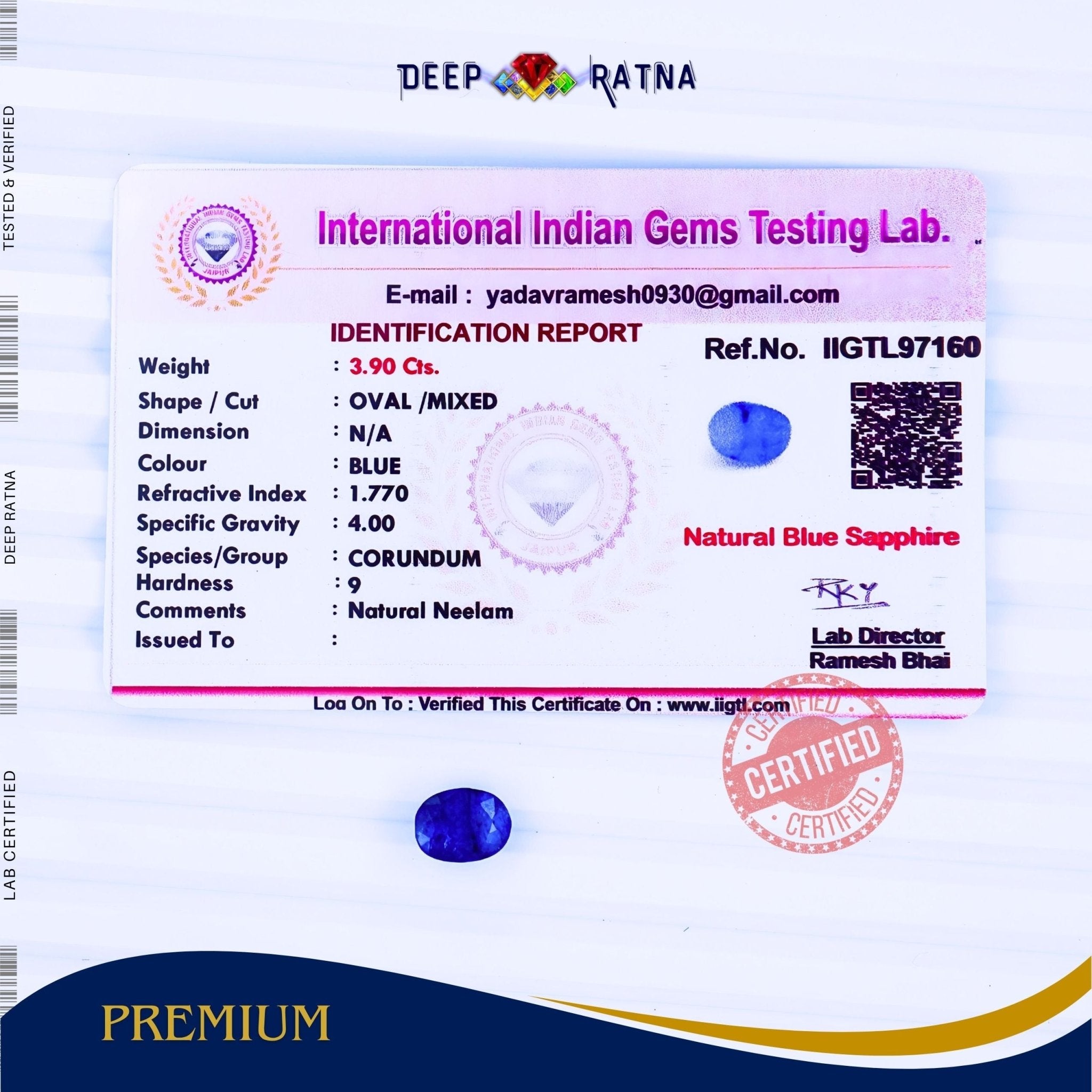 Blue Sapphire 3.90 Carat (Thailand) - Deep Ratna