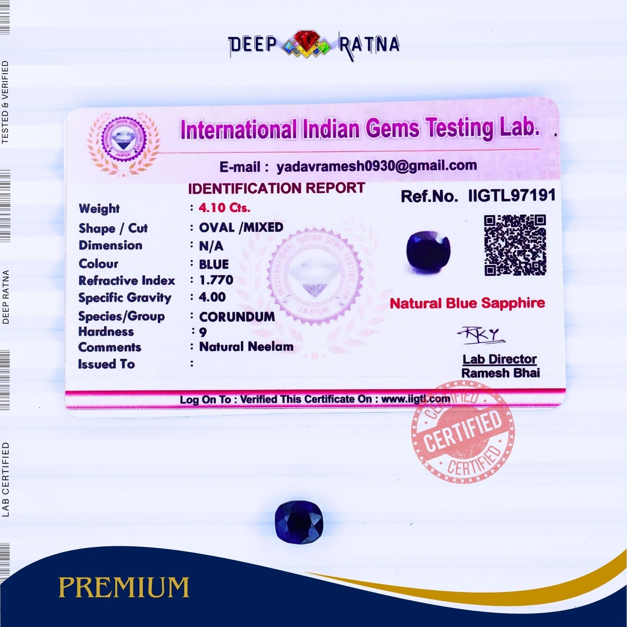 Blue Sapphire 4.10 Carat (Thailand) - Deep Ratna