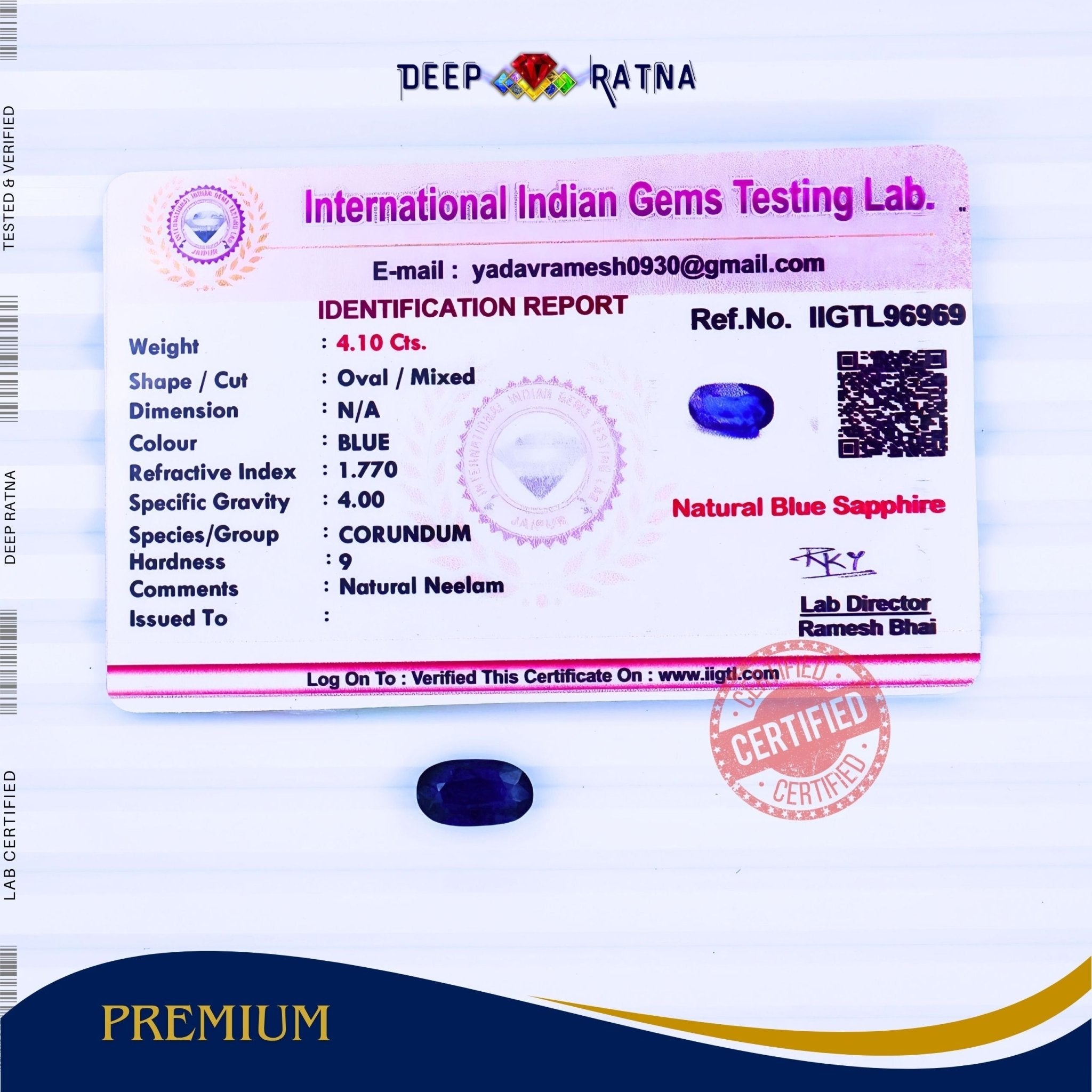 Blue Sapphire 4.10 Carat (Thailand) - Deep Ratna