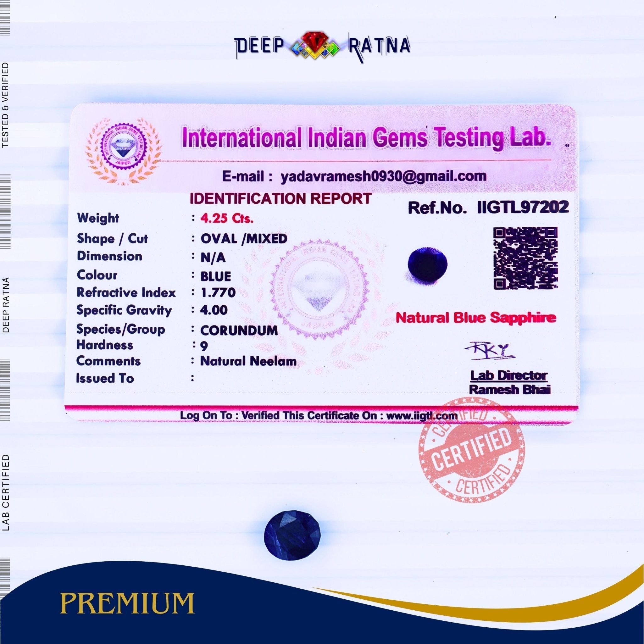Blue Sapphire 4.25 Carat (Thailand) - Deep Ratna