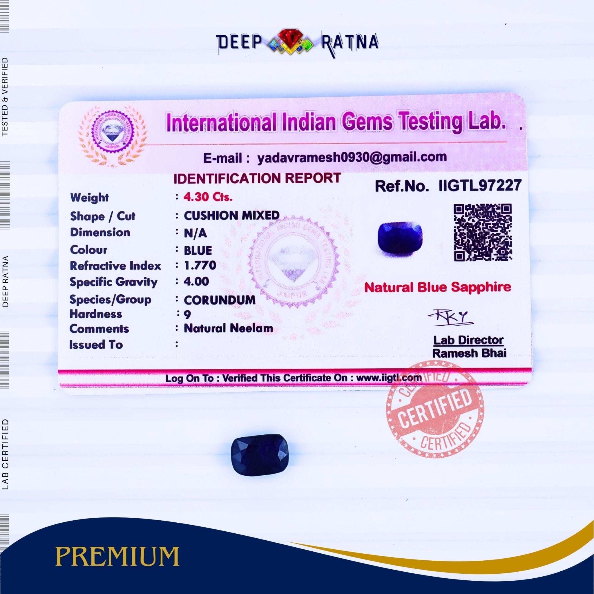 Blue Sapphire 4.30 Carat (Thailand) - Deep Ratna
