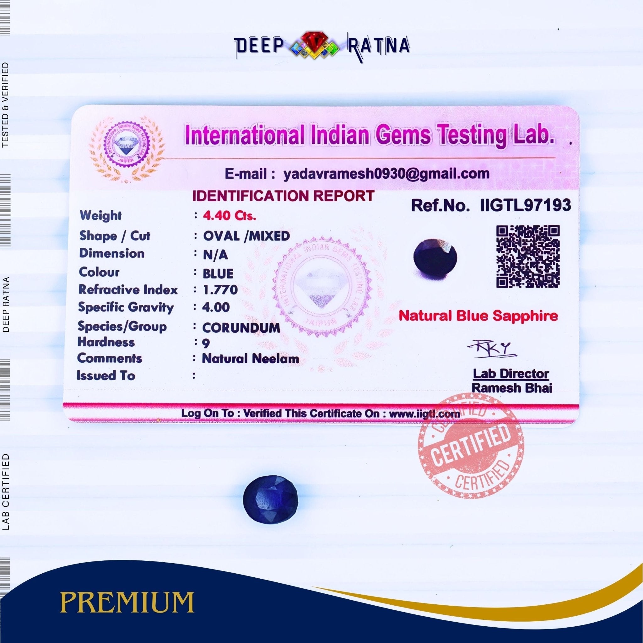 Blue Sapphire 4.40 Carat (Thailand) - Deep Ratna
