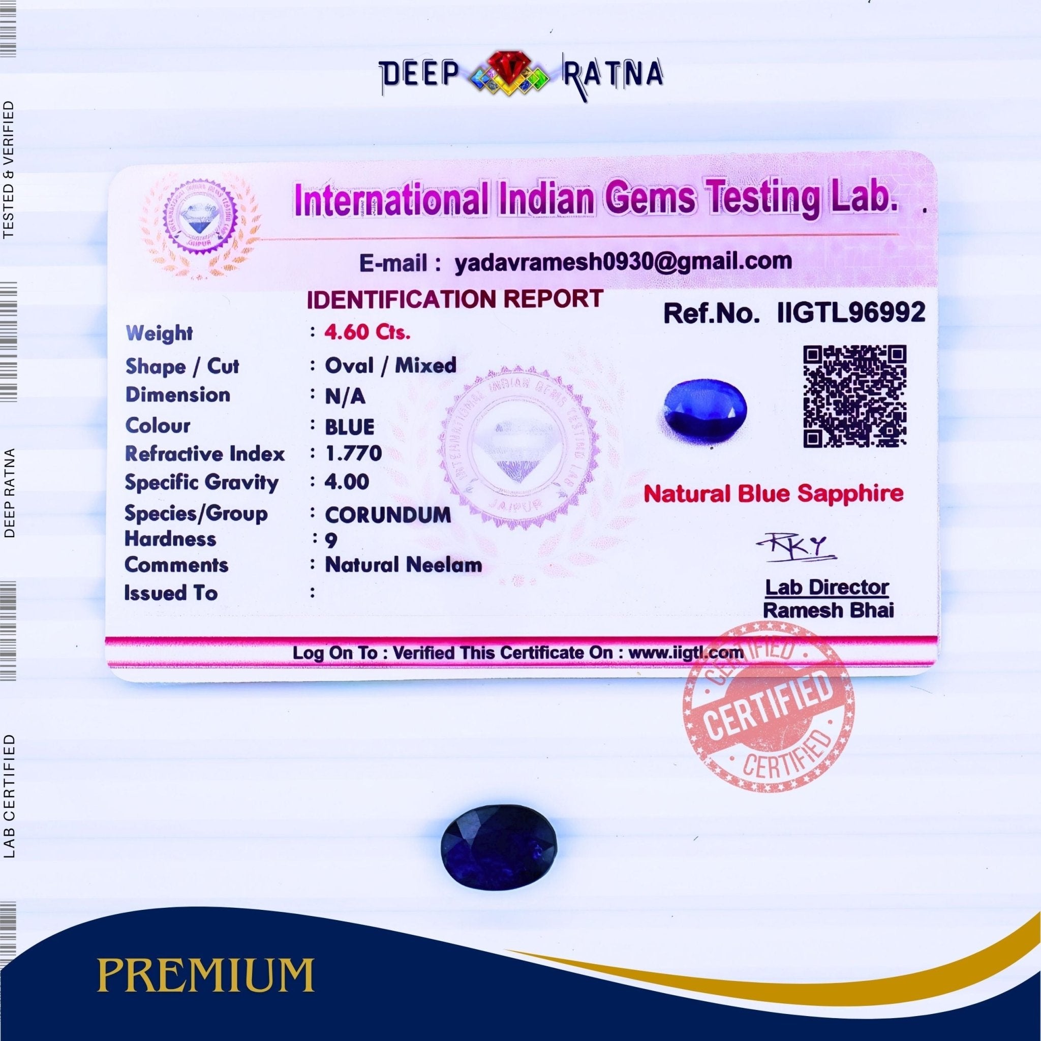 Blue Sapphire 4.60 Carat (Thailand) - Deep Ratna