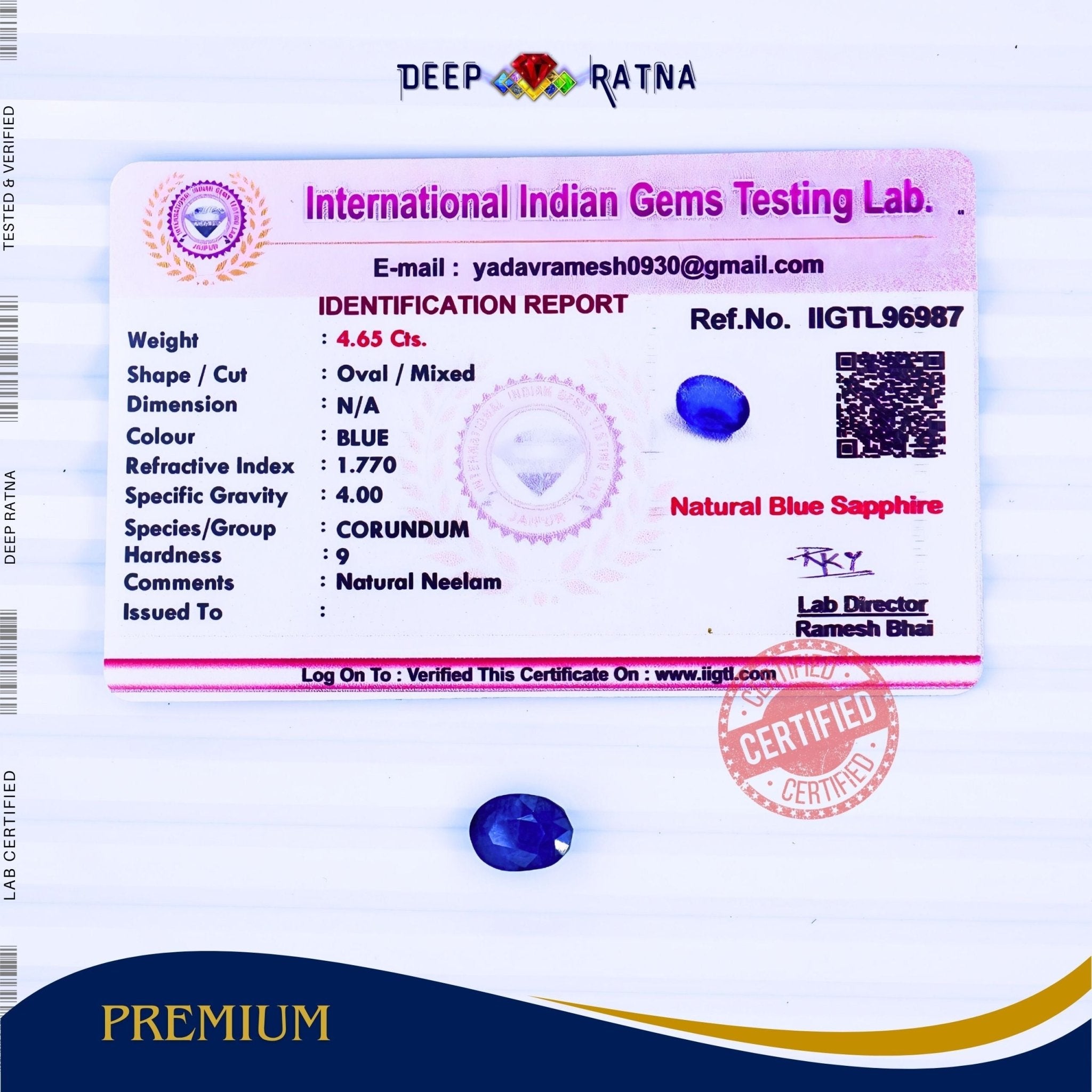 Blue Sapphire 4.65 Carat (Thailand) - Deep Ratna