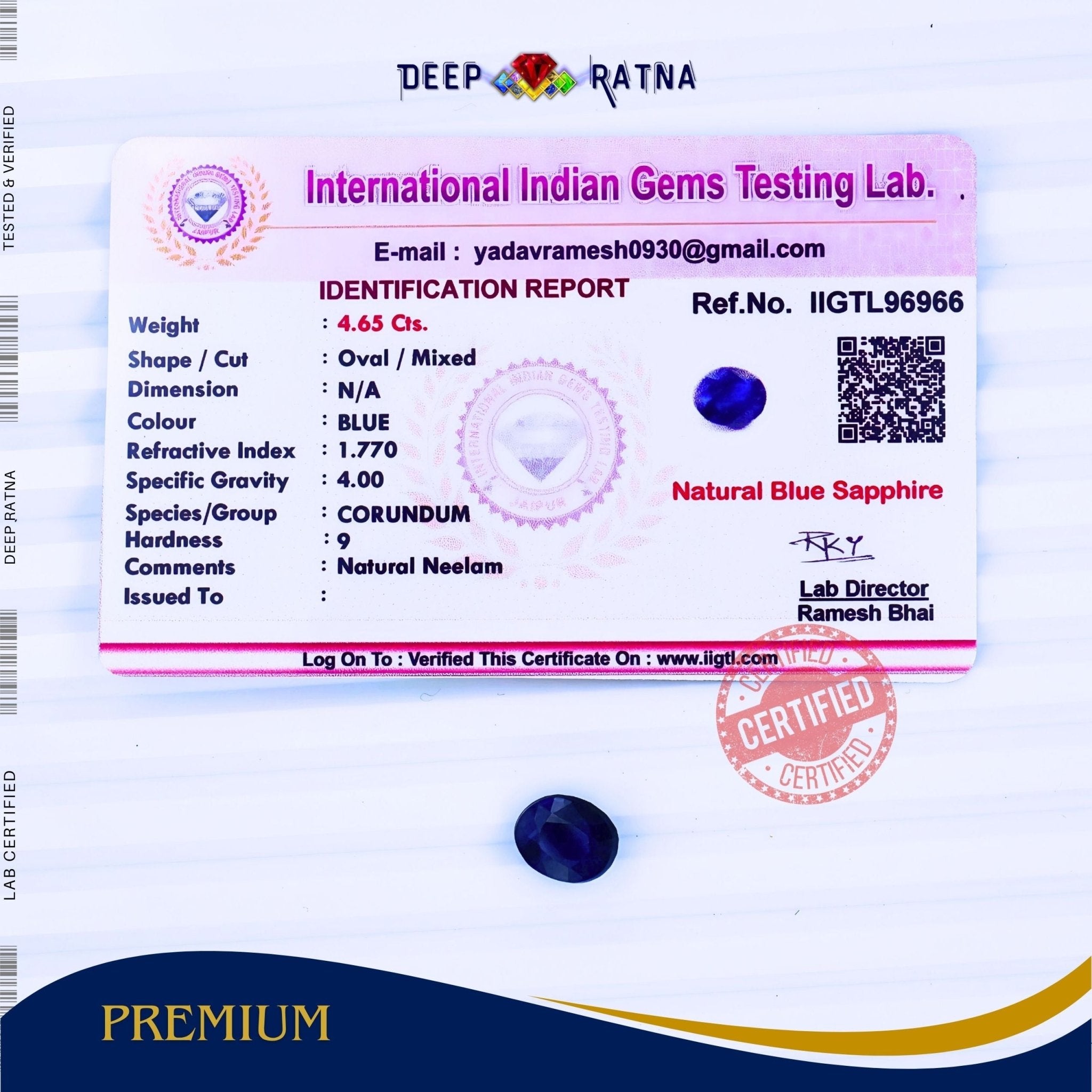 Blue Sapphire 4.65 Carat (Thailand) - Deep Ratna