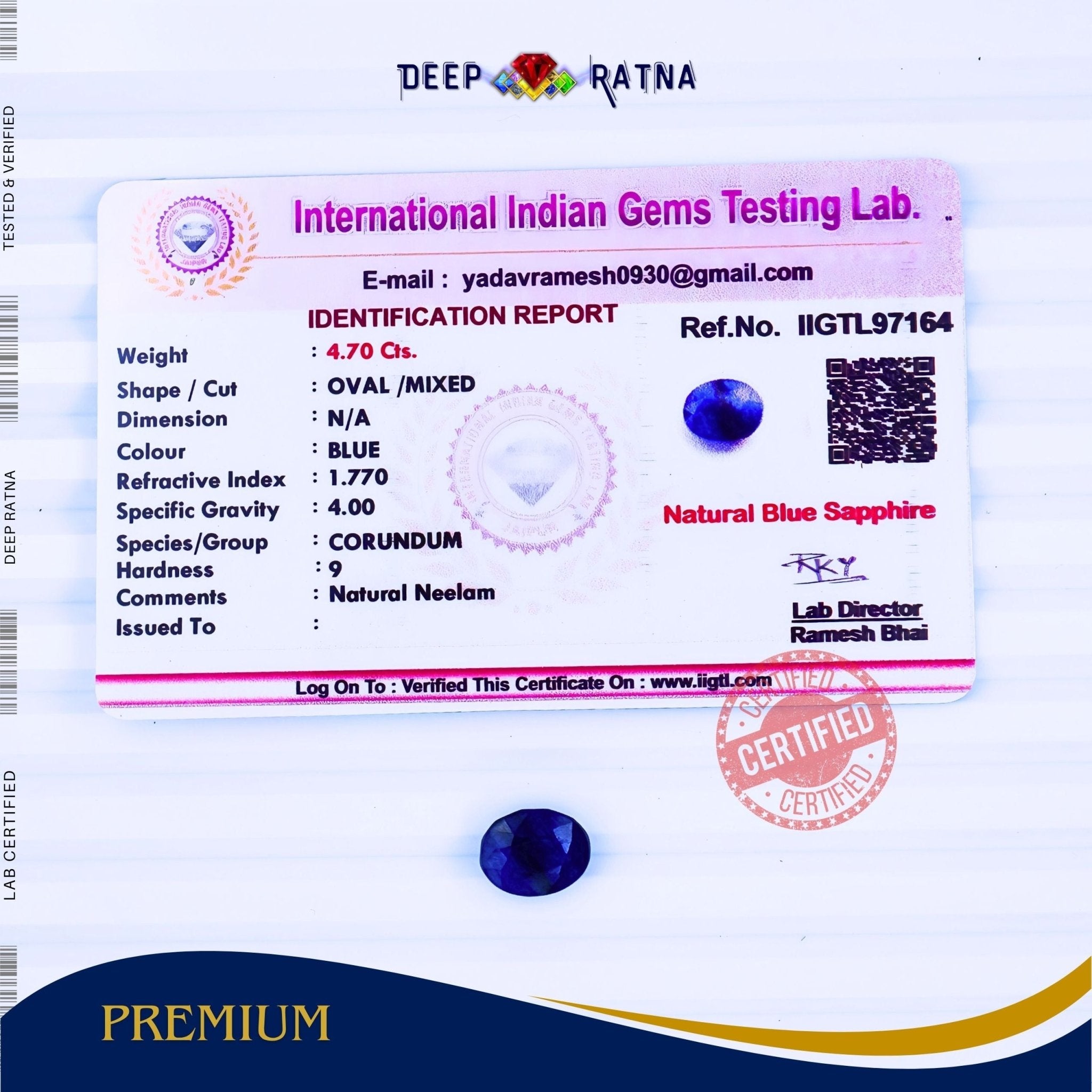Blue Sapphire 4.70 Carat (Thailand) - Deep Ratna
