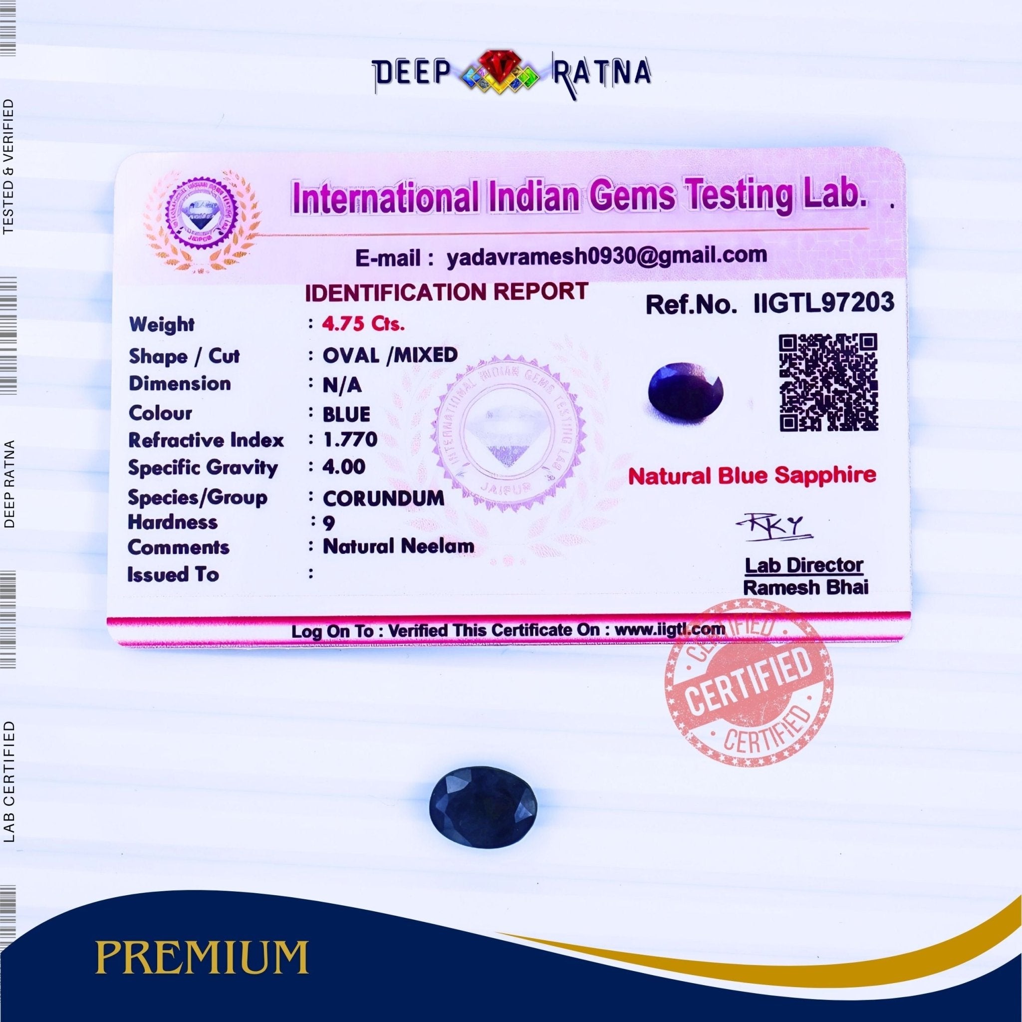Blue Sapphire 4.75 Carat (Thailand) - Deep Ratna