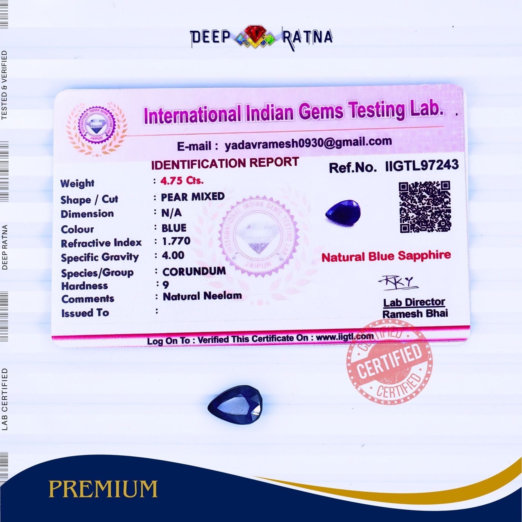 Blue Sapphire 4.75 Carat (Thailand) - Deep Ratna