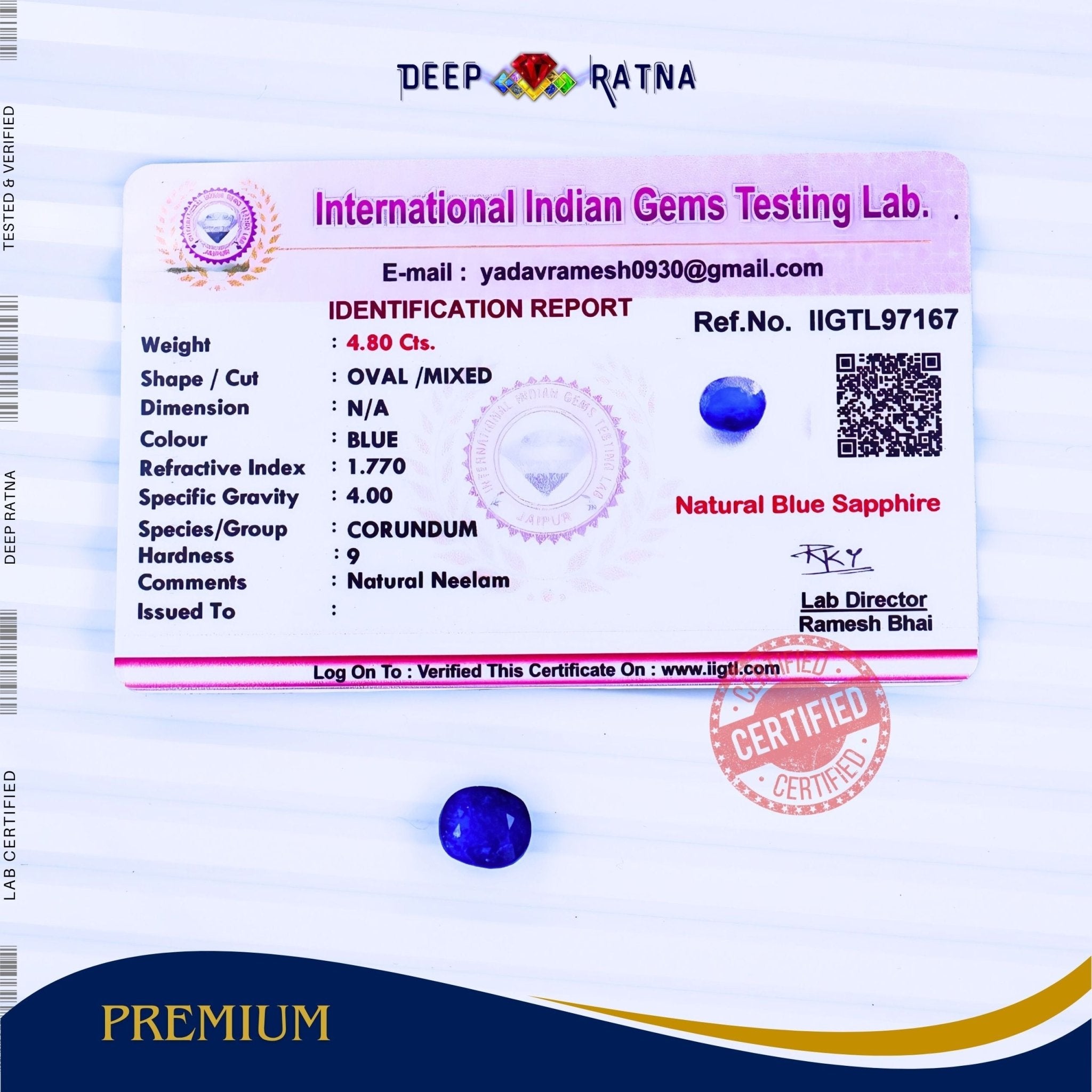 Blue Sapphire 4.80 Carat (Thailand) - Deep Ratna