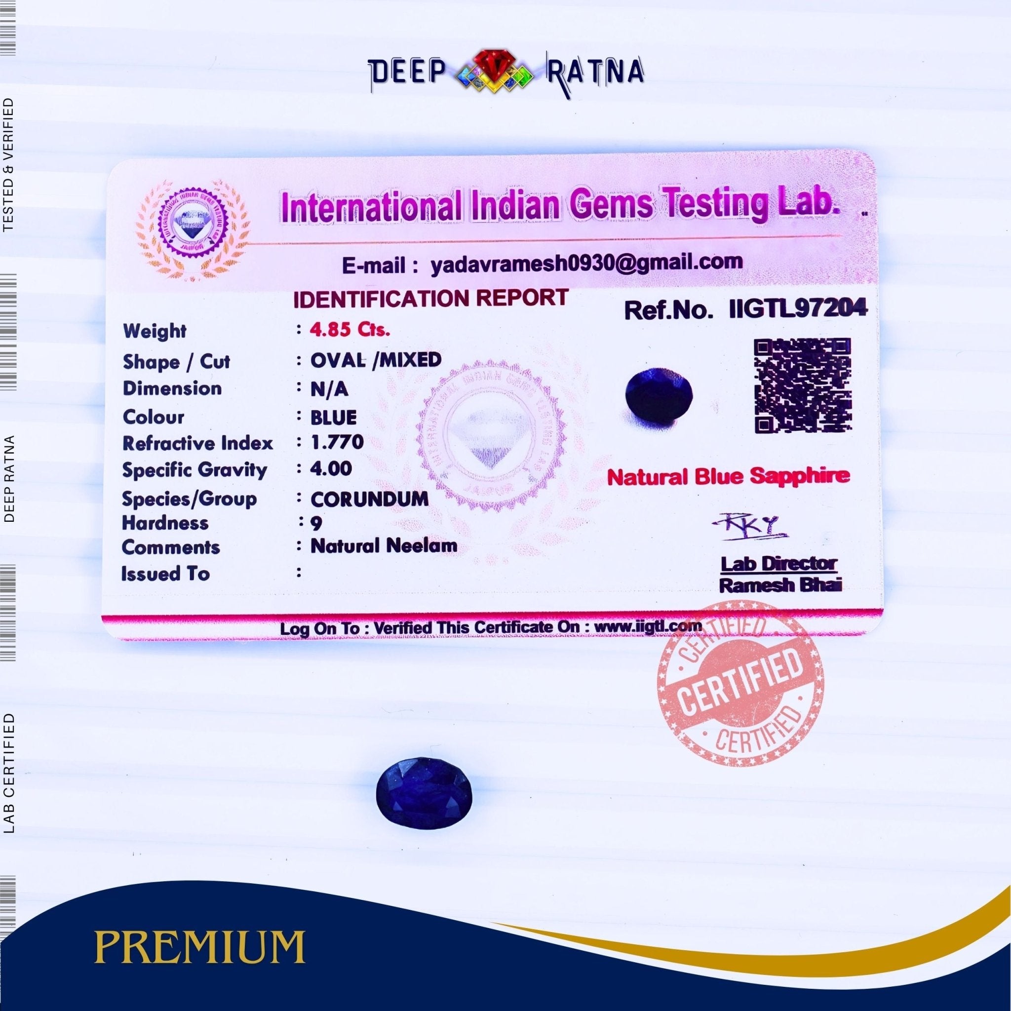 Blue Sapphire 4.85 Carat (Thailand) - Deep Ratna