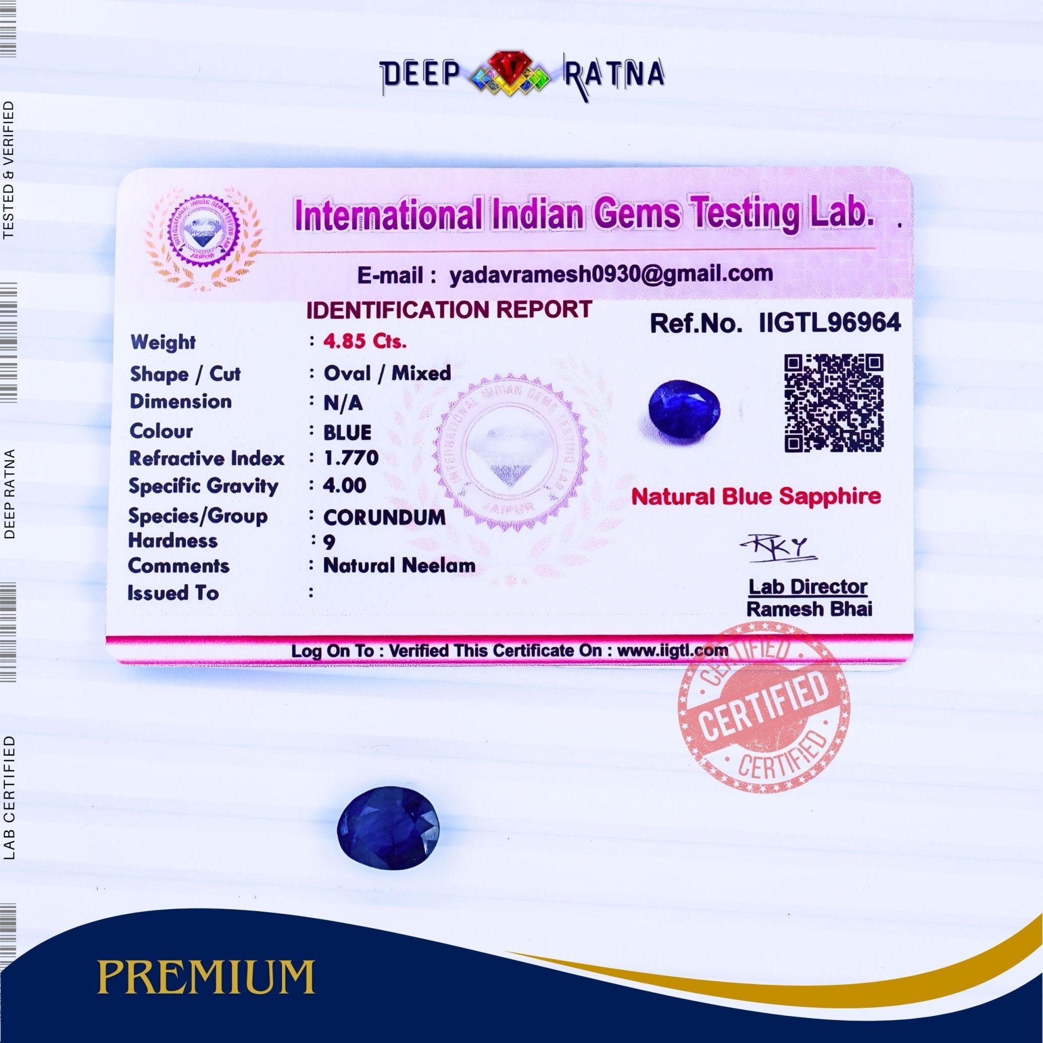 Blue Sapphire 4.85 Carat (Thailand) - Deep Ratna