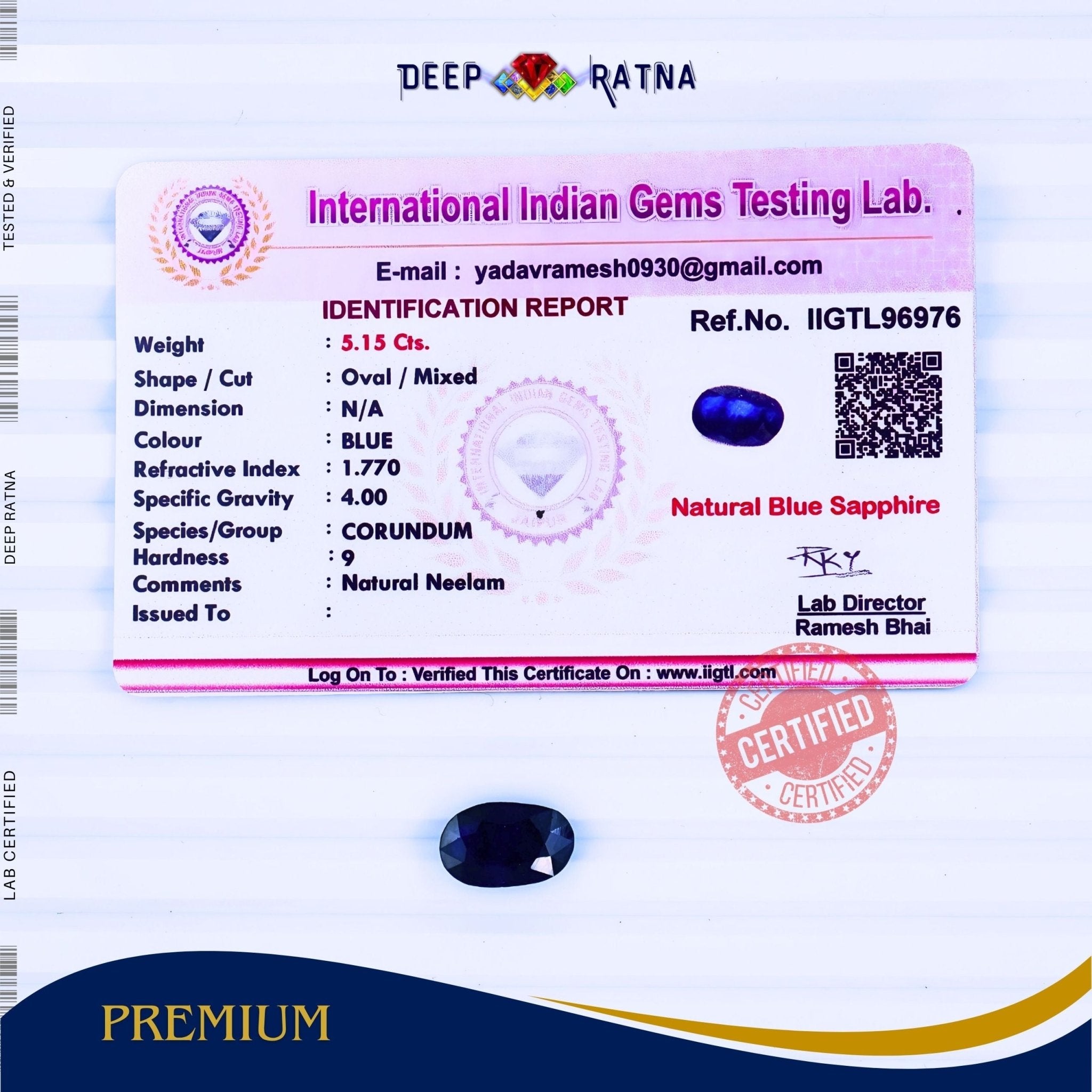 Blue Sapphire 5.15 Carat (Thailand) - Deep Ratna