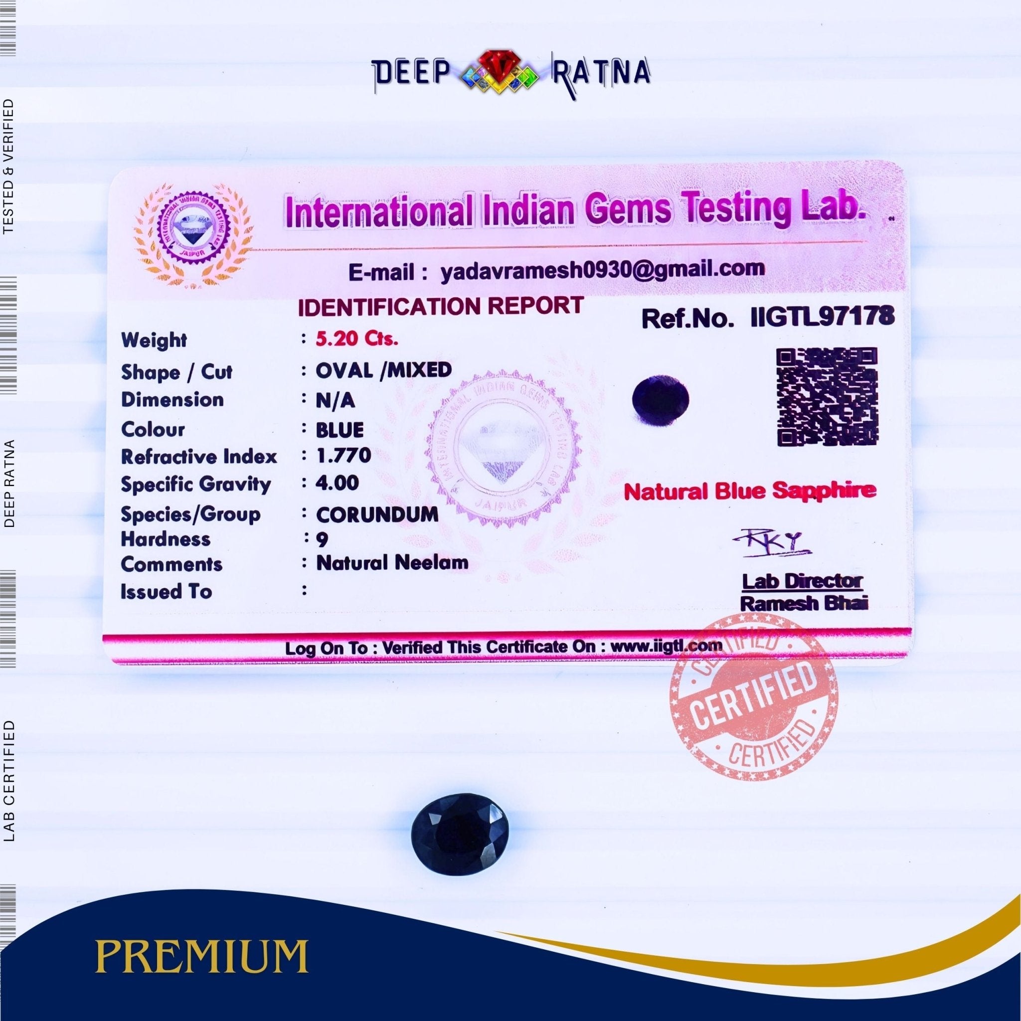 Blue Sapphire 5.20 Carat (Thailand) - Deep Ratna