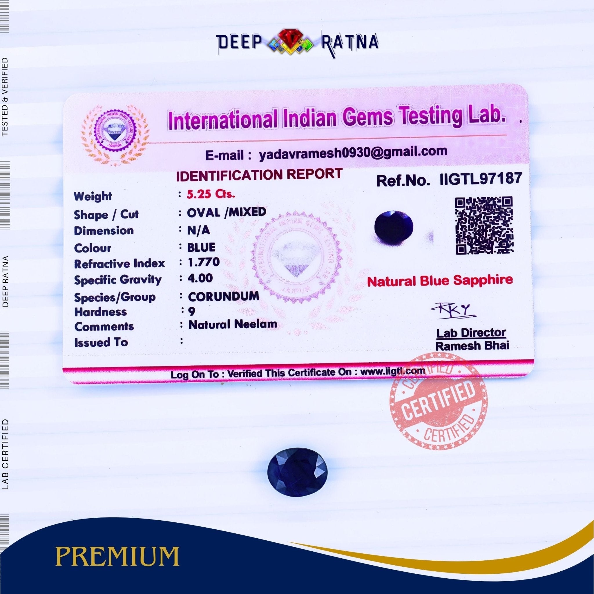 Blue Sapphire 5.25 Carat (Thailand) - Deep Ratna