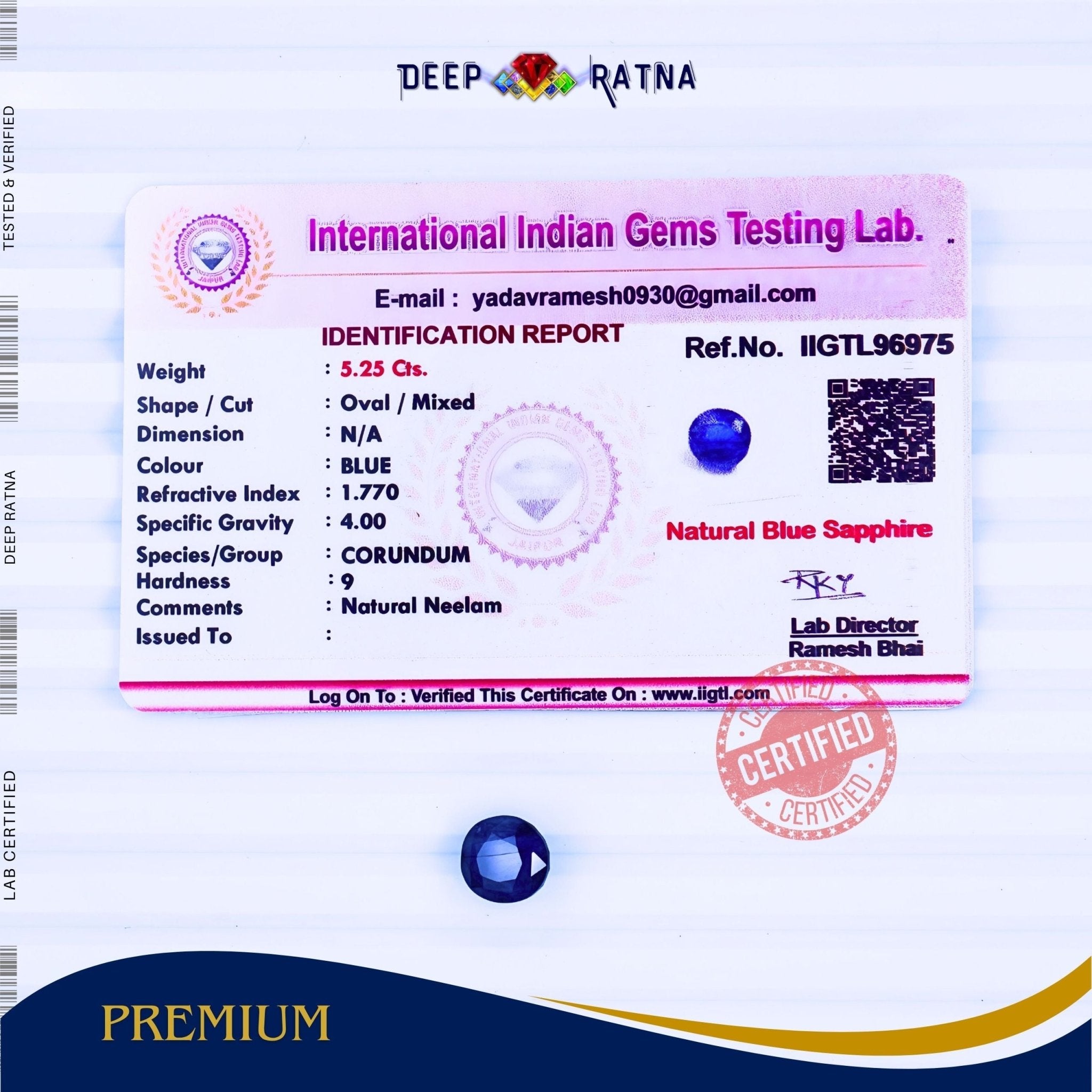 Blue Sapphire 5.25 Carat (Thailand) - Deep Ratna