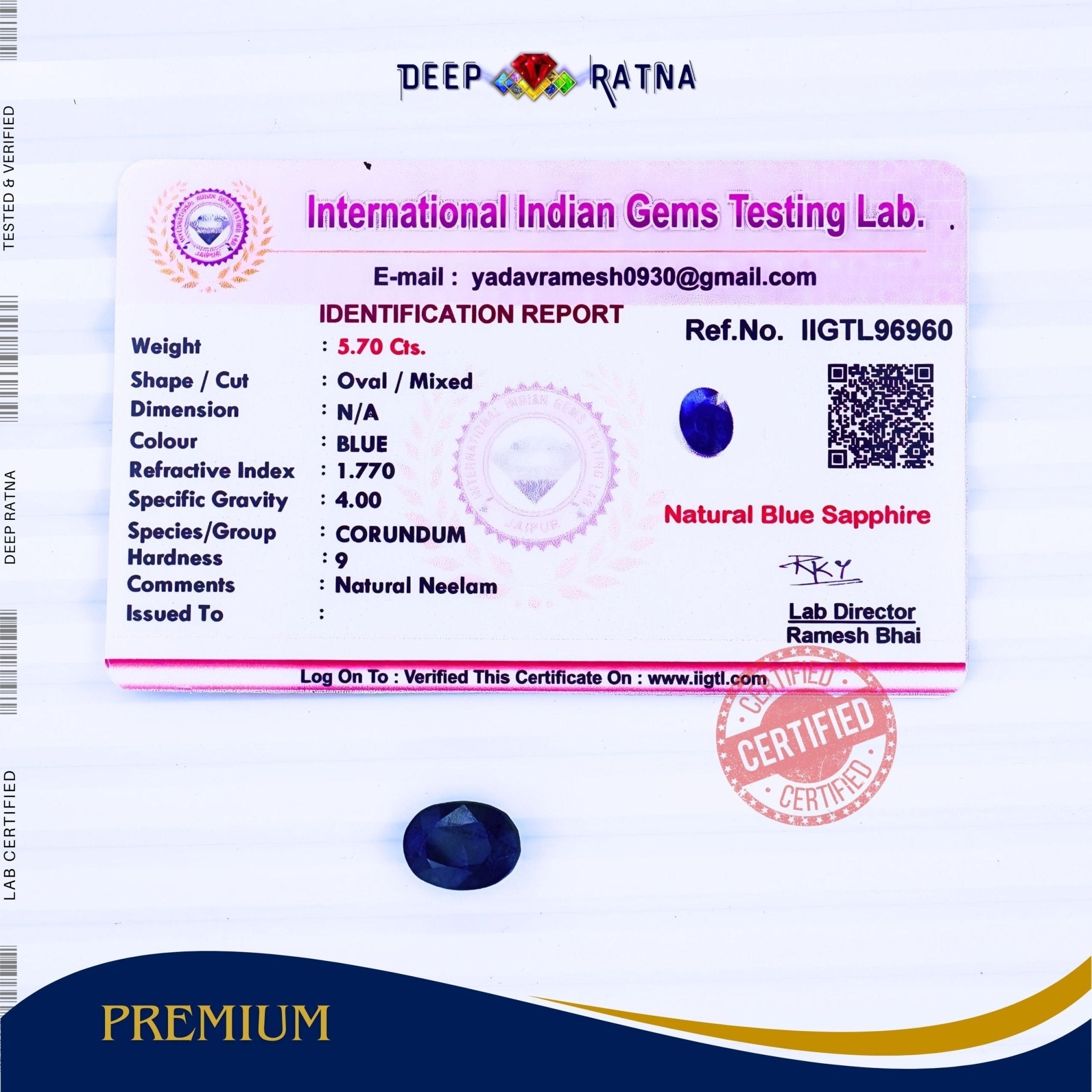 Blue Sapphire 5.70 Carat (Thailand) - Deep Ratna