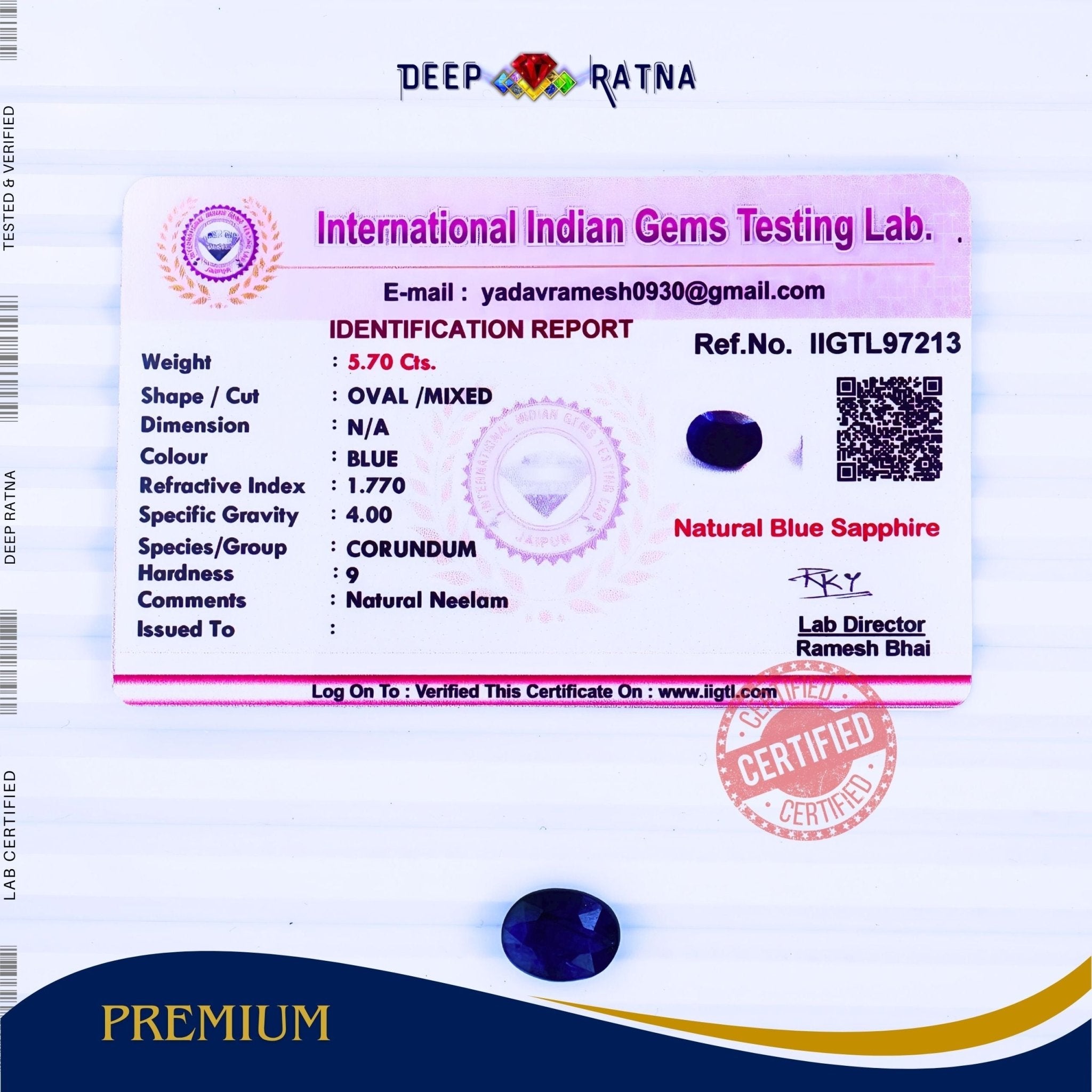 Blue Sapphire 5.70 Carat (Thailand) - Deep Ratna