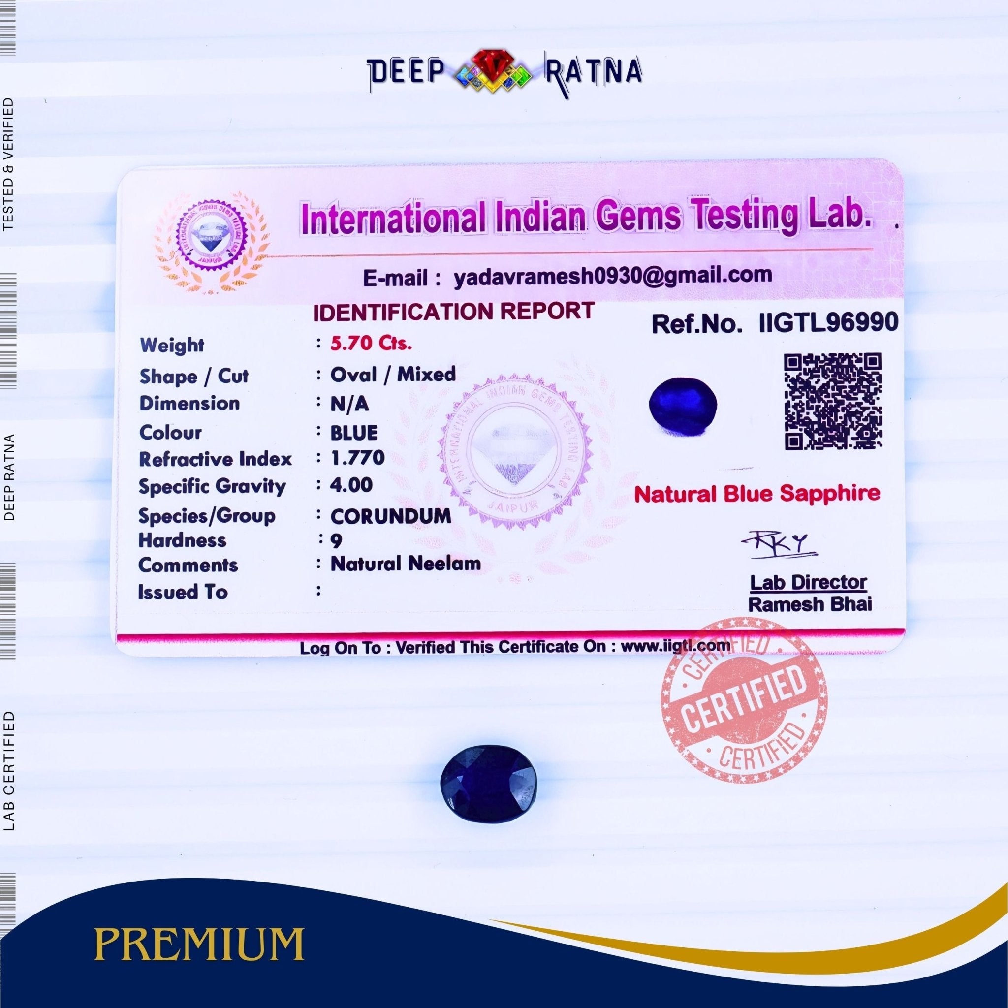 Blue Sapphire 5.70 Carat (Thailand) - Deep Ratna